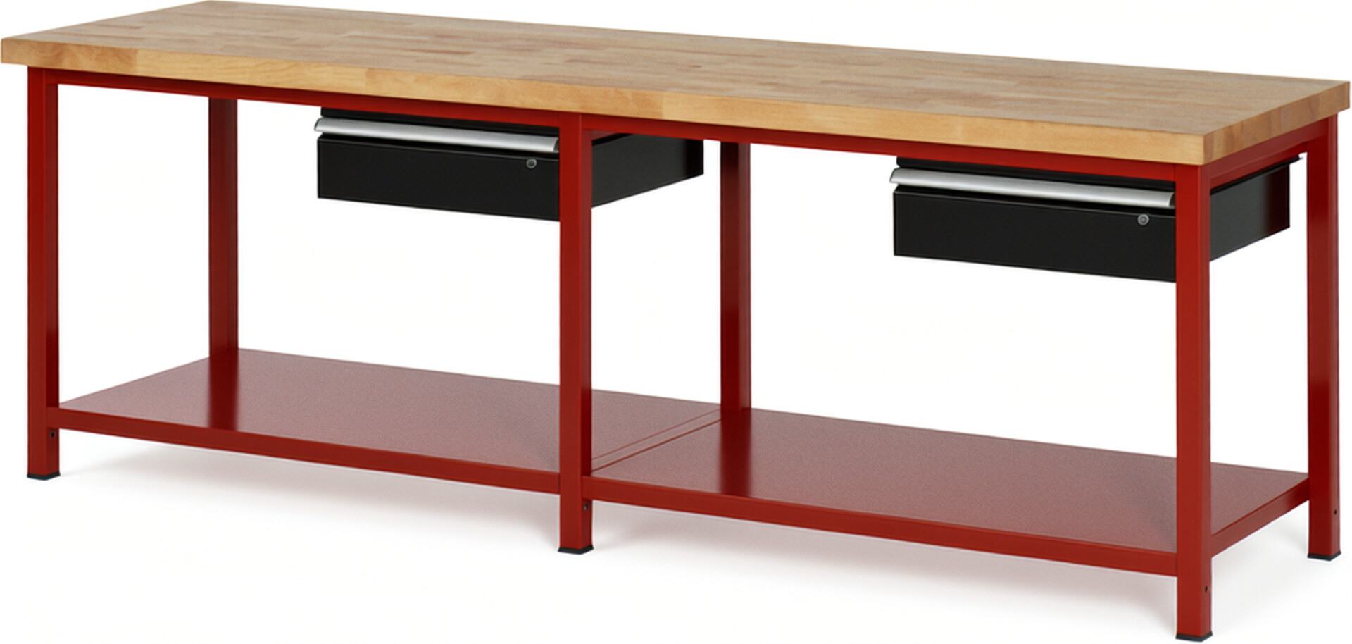 Werkbank Modell 8001 rot - schwarz, BxTxH 2500x700x840-1040 mm,  Buche-Massiv Arbeitsplatte 40 mm,  2 Schubladen mit  Auszug 90 %