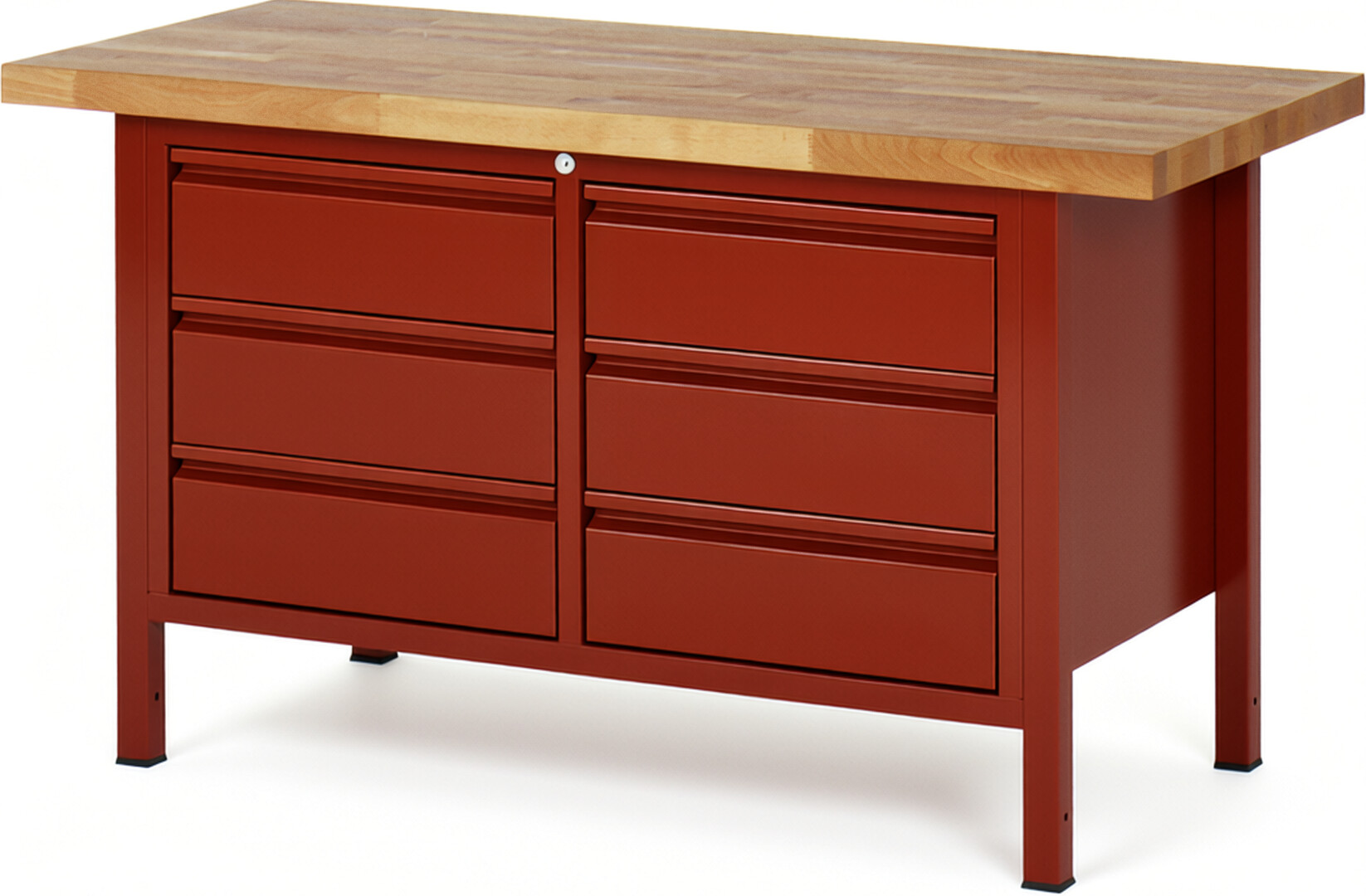 Werkbank rot, BxTxH 1500x700x840-1040 mm, Platte Buche 40 mm, 6 Schubladen 180 mm, RAL 3000/3000