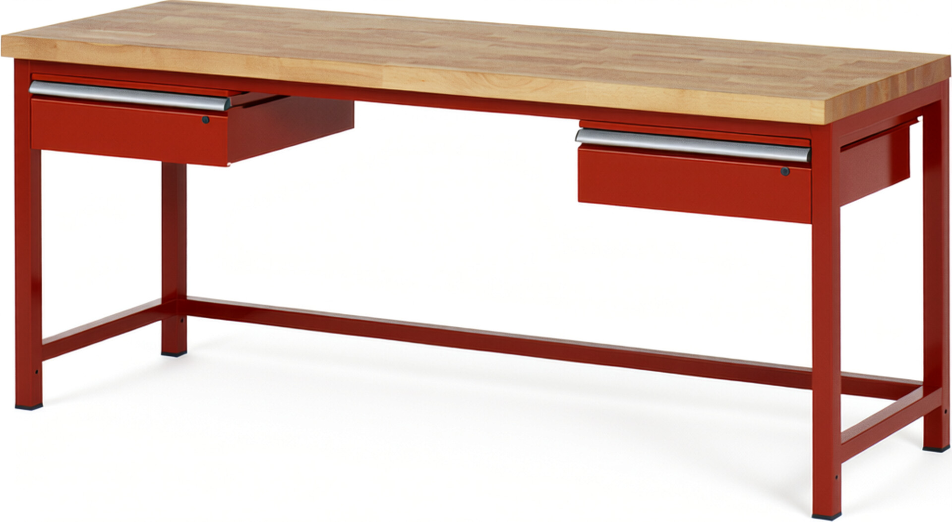 Werkbank Modell 8002 rot, BxTxH 2000x700x840-1040 mm,  Buche-Massiv Arbeitsplatte 40 mm,  2 Schubladen mit  Auszug 90 %