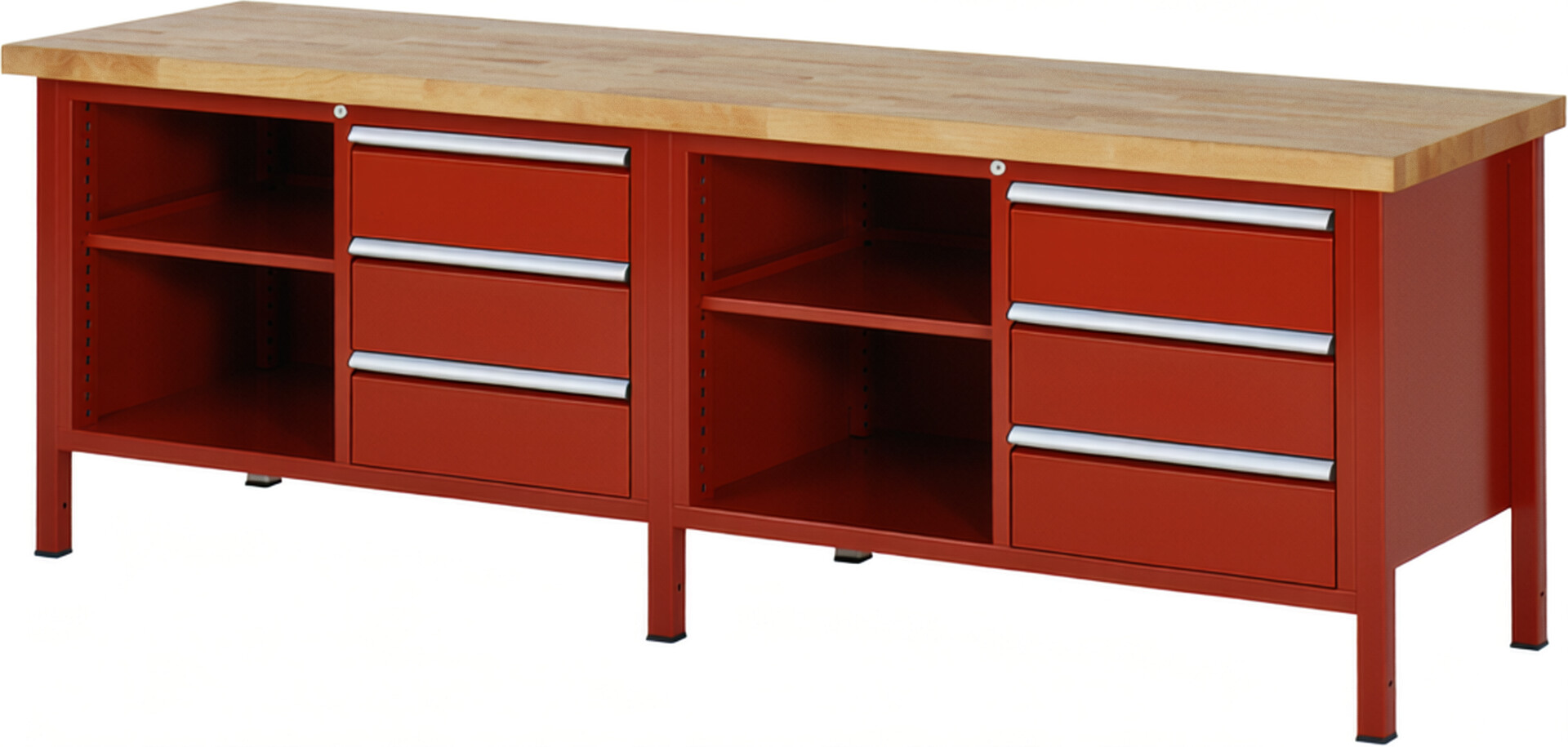Werkbank Modell 8462 rot, BxTxH 2500x700x840-1040 mm,  Buche-Massiv Arbeitsplatte 40 mm,  6 Schubladen mit  Vollauszug 100 % und  SoftClosing