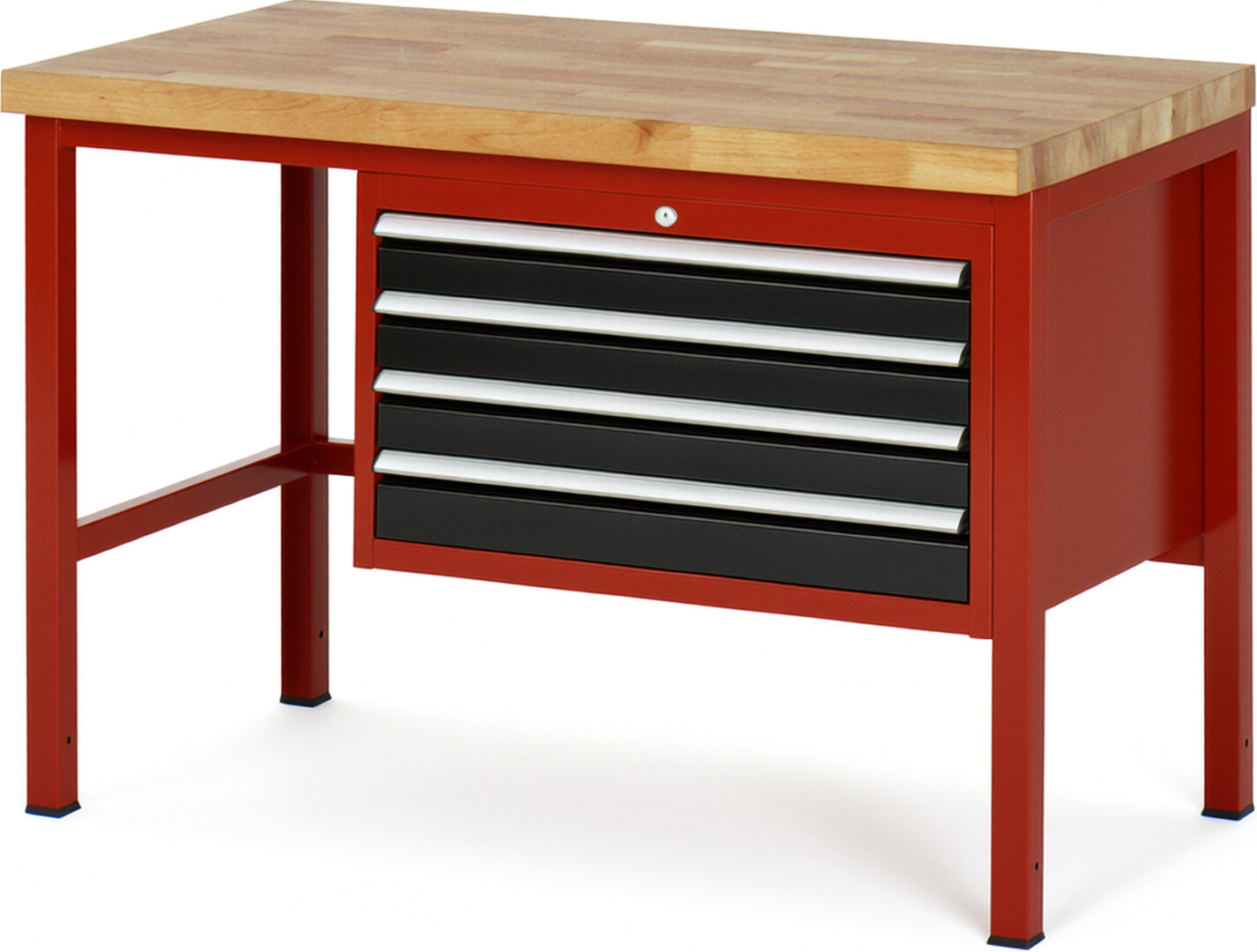 Werkbank Modell 8233 rot - schwarz, BxTxH 1250x700x840 mm,  Buche-Massiv Arbeitsplatte 40 mm,  4 Schubladen mit  Auszug 90 %
