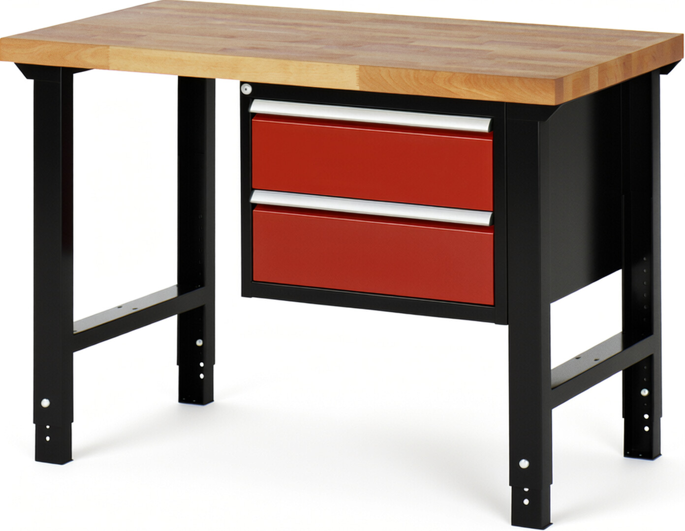 RAU Werkbank schwarz - rot - Breite 125 cm - Tiefe 70 cm - Höhe 114 cm - Buche-Massiv Arbeitsplatte 40 mm