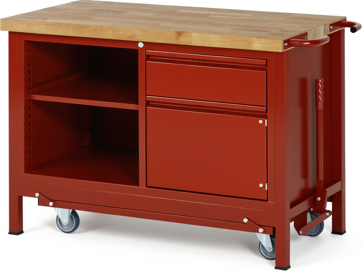 Absenkbare Werkbank - Modell 8461 BASIC rot, BxTxH 1250x700x880 mm,  Buche-Massiv Arbeitsplatte 40 mm,  1 Schublade mit  Auszug 90 %