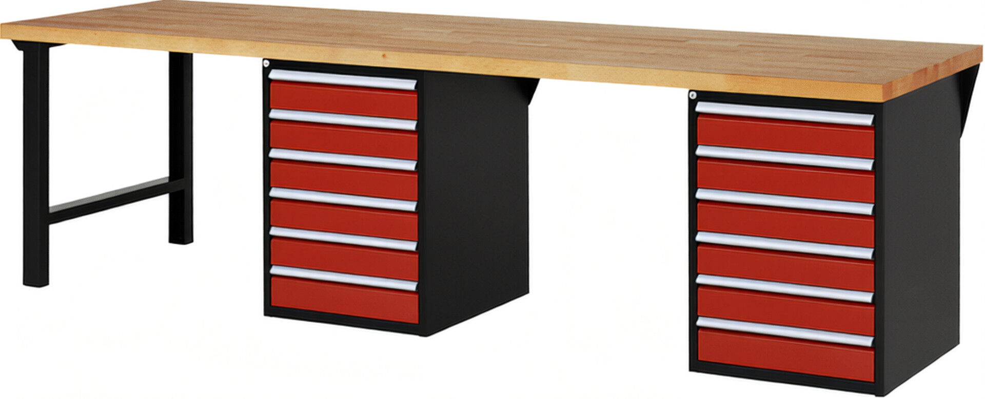 RAU Werkbank schwarz - rot - Breite 300 cm - Tiefe 90 cm - Höhe 89 cm - Buche-Massiv Arbeitsplatte 40 mm