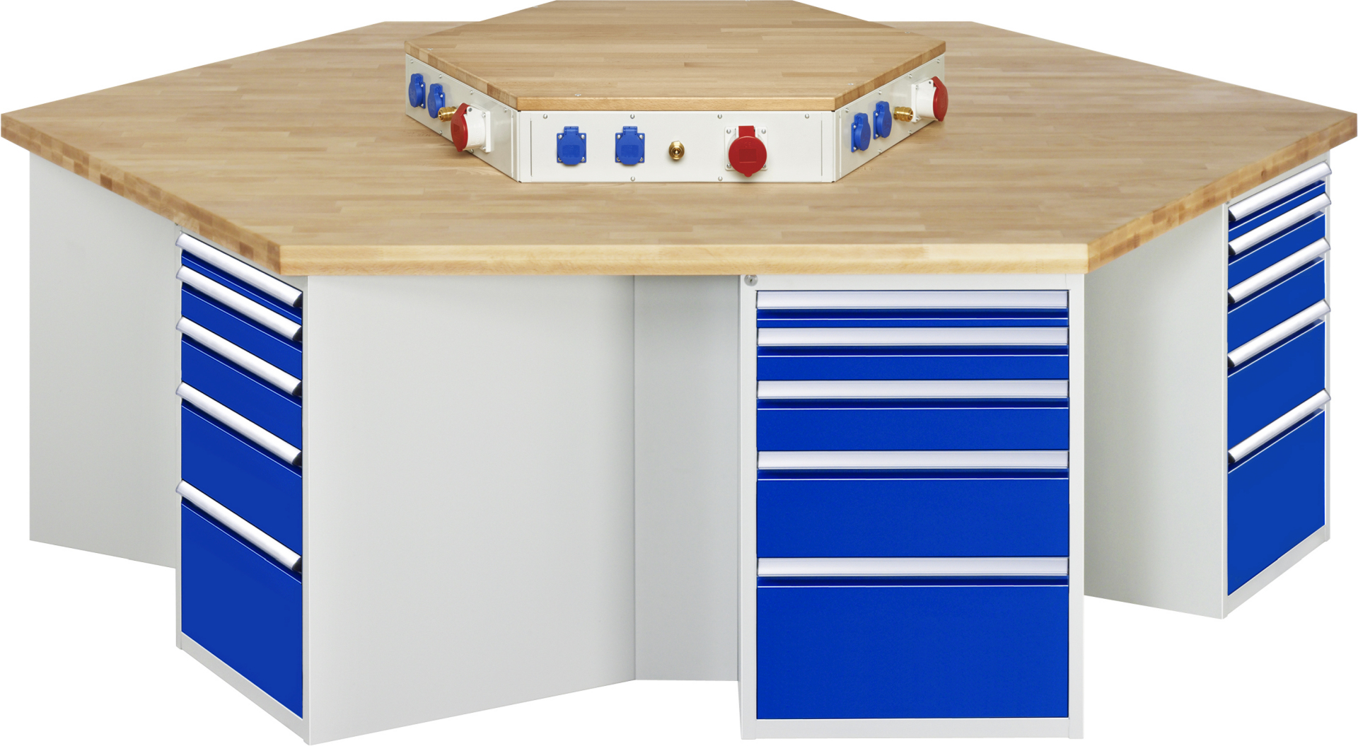 Gruppenwerkbank Modell 499,  BxTxH 2700x2340x900 mm,  Buche-Massiv Arbeitsplatte 50 mm,  30 Schubladen mit  Vollauszug 100 % und  SoftClosing