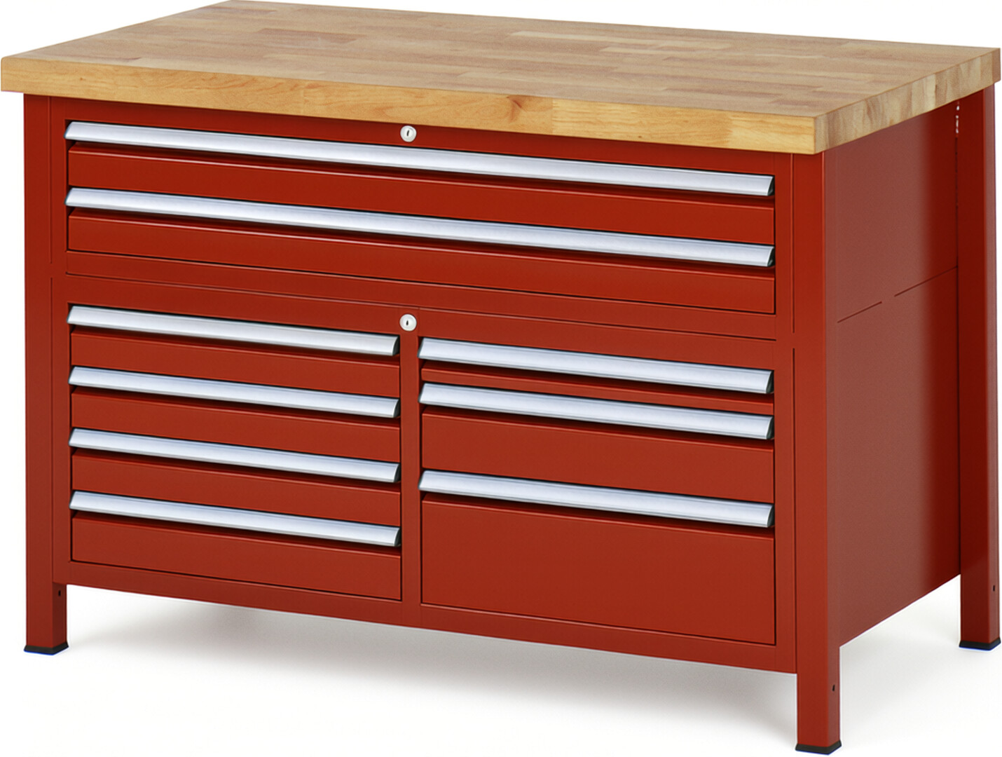 Werkbank Modell 8923 rot, BxTxH 1250x700x840 mm,  Buche-Massiv Arbeitsplatte 40 mm,  9 Schubladen mit  Vollauszug 100 % und  SoftClosing