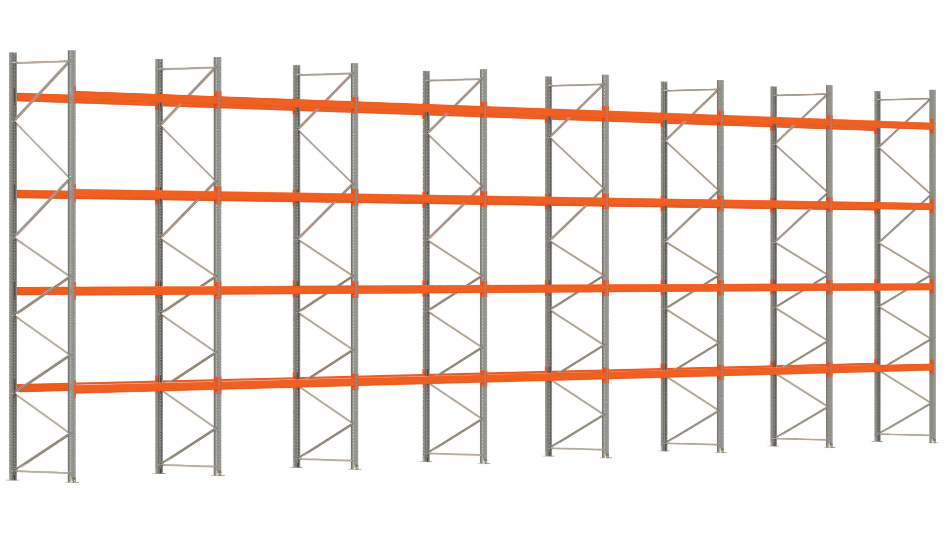 Palettenregal ARTUS - Breite 1958 cm - Höhe 550 cm - Tiefe 110 cm - 4 Träger-Ebenen - Fachlast 2250 kg - 105 Palettenstellplätze
