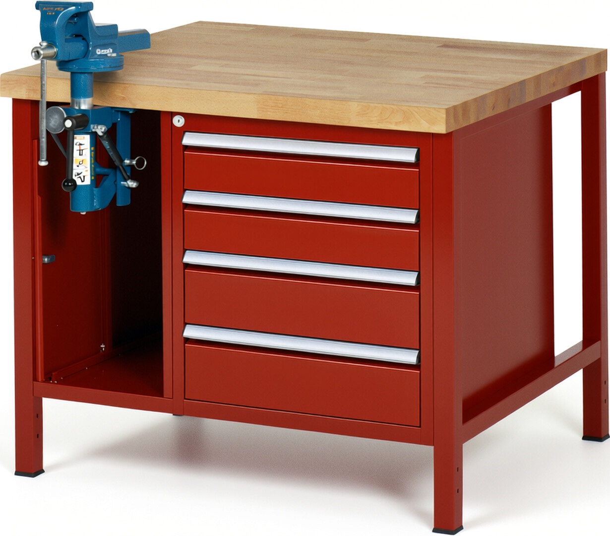 Werkbank Modell 8185 rot, BxTxH 1000x900x840 mm,  Buche-Massiv Arbeitsplatte 40 mm,  4 Schubladen mit  Vollauszug 100 % und  SoftClosing