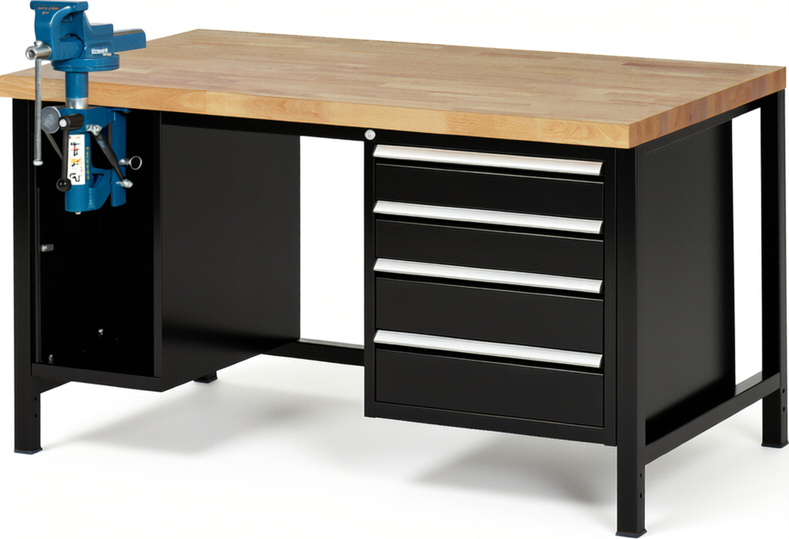 Werkbank Modell 8185 schwarz, BxTxH 1500x900x840 mm,  Buche-Massiv Arbeitsplatte 40 mm,  4 Schubladen mit  Vollauszug 100 % und  SoftClosing