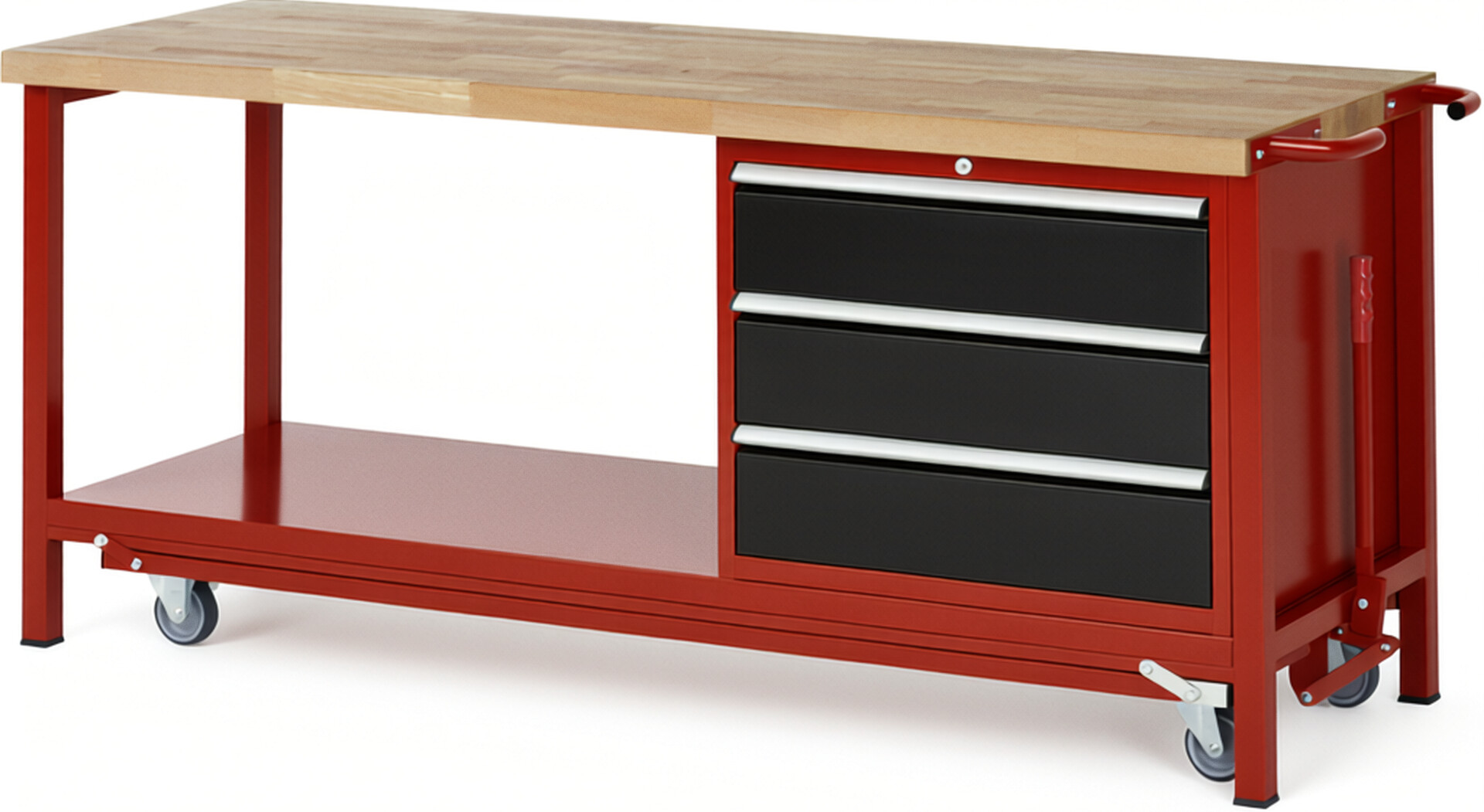 Absenkbare Werkbank Modell 8257 rot - schwarz, BxTxH 2000x700x880 mm,  Buche-Massiv Arbeitsplatte 40 mm,  3 Schubladen mit  Vollauszug 100 % und  SoftClosing