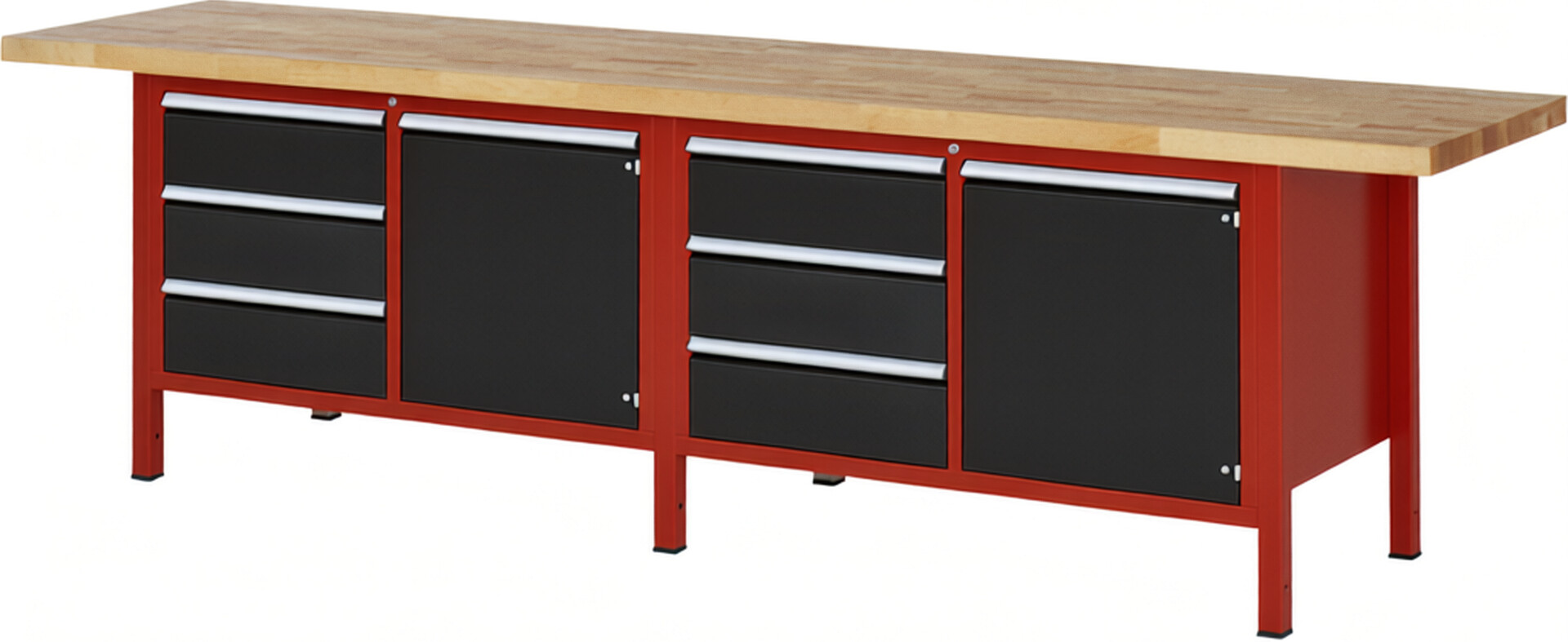 Werkbank Modell 8468 rot - schwarz, BxTxH 3000x700x840 mm,  Buche-Massiv Arbeitsplatte 40 mm,  6 Schubladen mit  Vollauszug 100 % und  SoftClosing