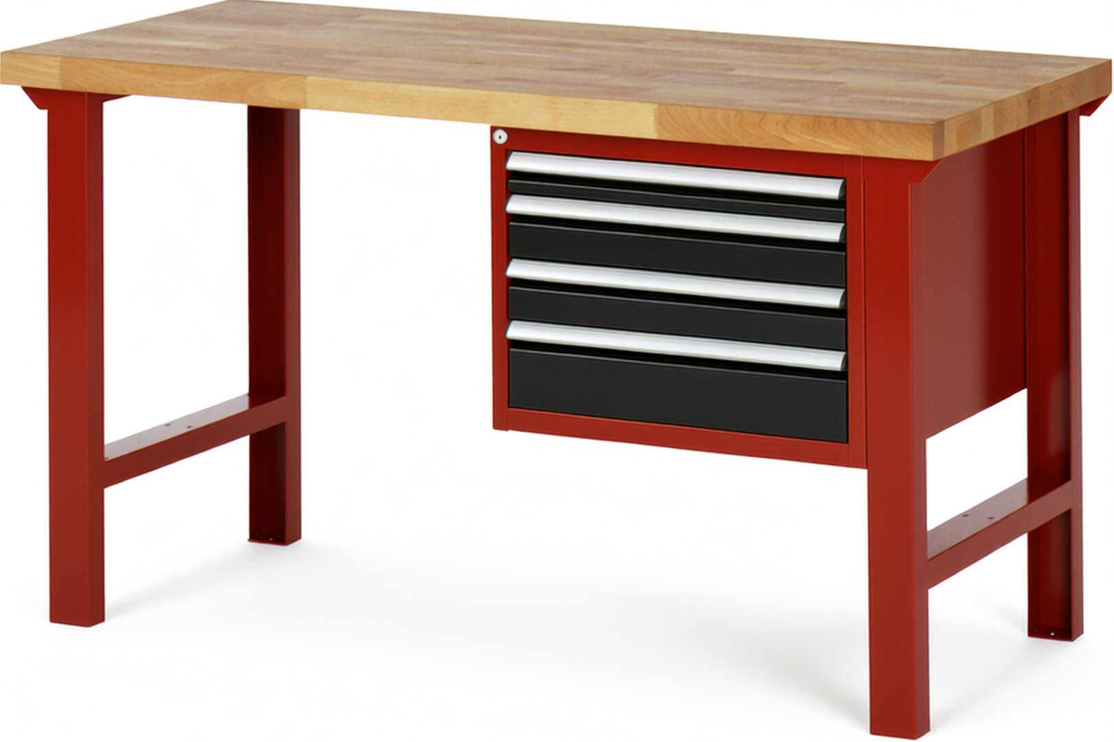 Werkbank Modell 7132 rot - schwarz, BxTxH 1500x700x840 mm,  Buche-Massiv Arbeitsplatte 40 mm,  4 Schubladen mit  Auszug 90 %