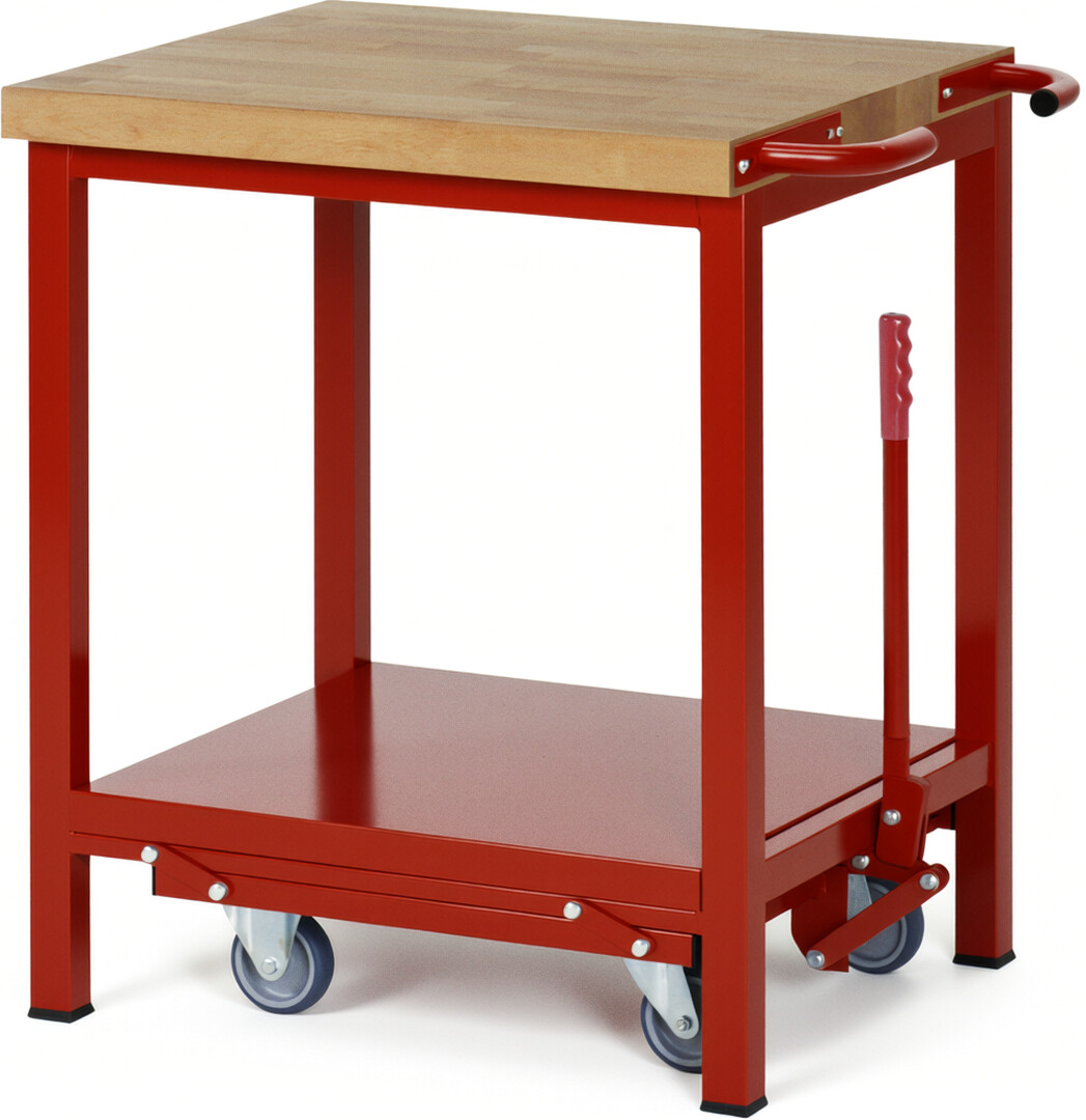 Absenkbare Werkbank - Modell 8000 BASIC rot, BxTxH 750x700x880 mm,  Buche-Massiv Arbeitsplatte 40 mm