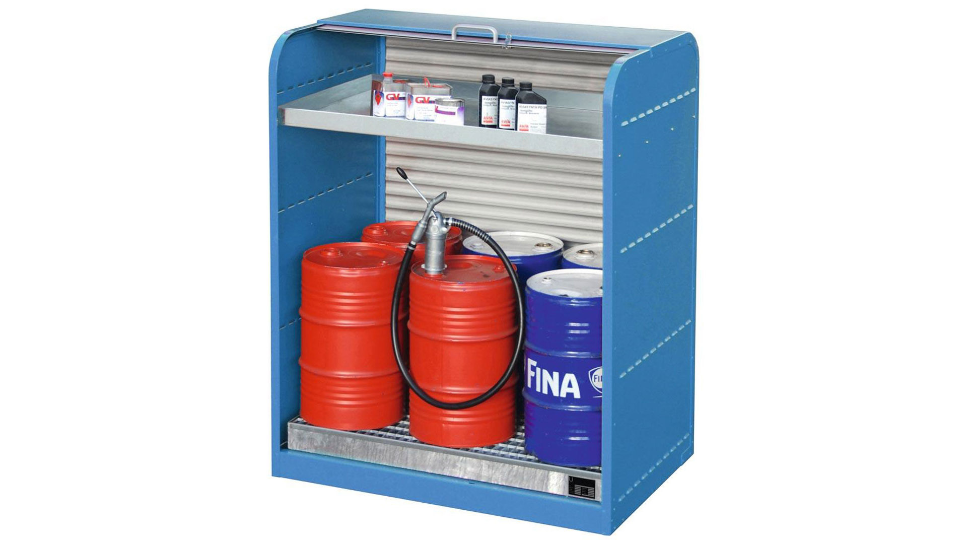 Gefahrstoffschrank mit Rollladen - für 6 x 60-l-Fass - 1 Kleingebindewanne - lichtblau