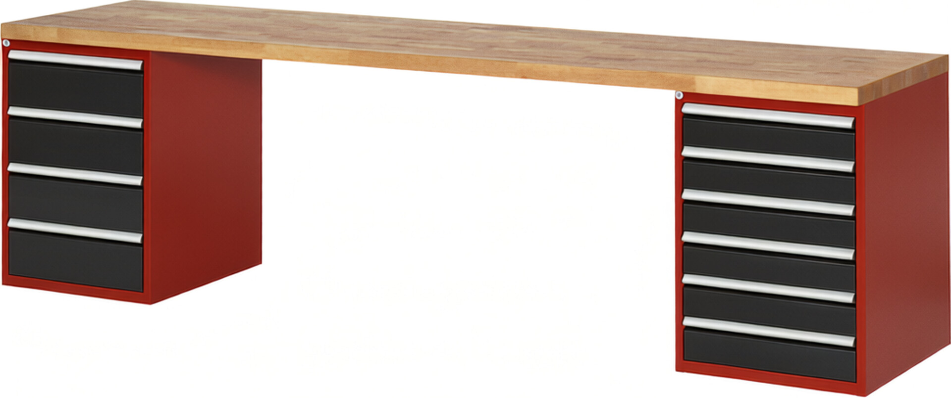 Werkbank Modell 7821 rot - schwarz, BxTxH 3000x900x890 mm,  Buche-Massiv Arbeitsplatte 40 mm,  10 Schubladen mit  Vollauszug 100 % und  SoftClosing