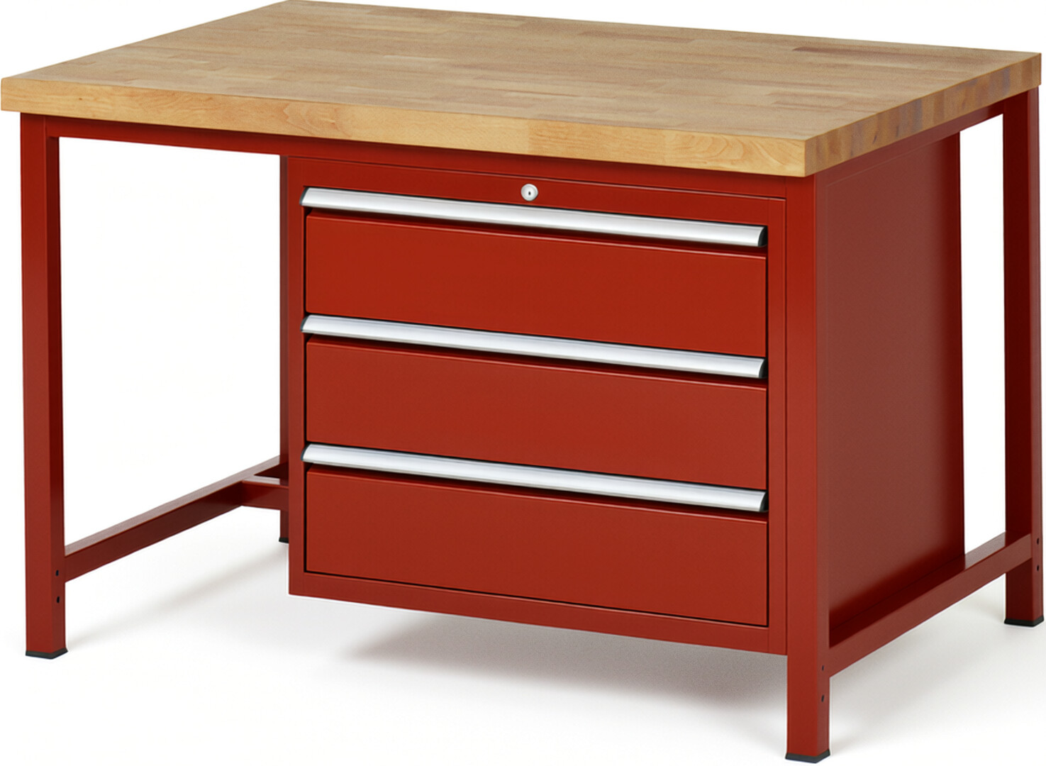 Werkbank Modell 8257 rot, BxTxH 1250x900x840 mm,  Buche-Massiv Arbeitsplatte 40 mm,  3 Schubladen mit  Vollauszug 100 % und  SoftClosing