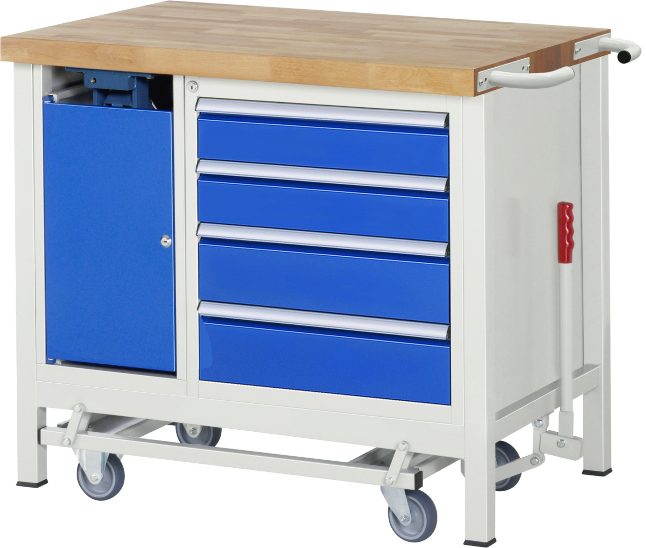 Absenkbare Werkbank Modell 8181 rot - schwarz, BxTxH 1250x700x880 mm,  Buche-Massiv Arbeitsplatte 40 mm,  1 Schublade mit  Vollauszug 100 % und  SoftClosing