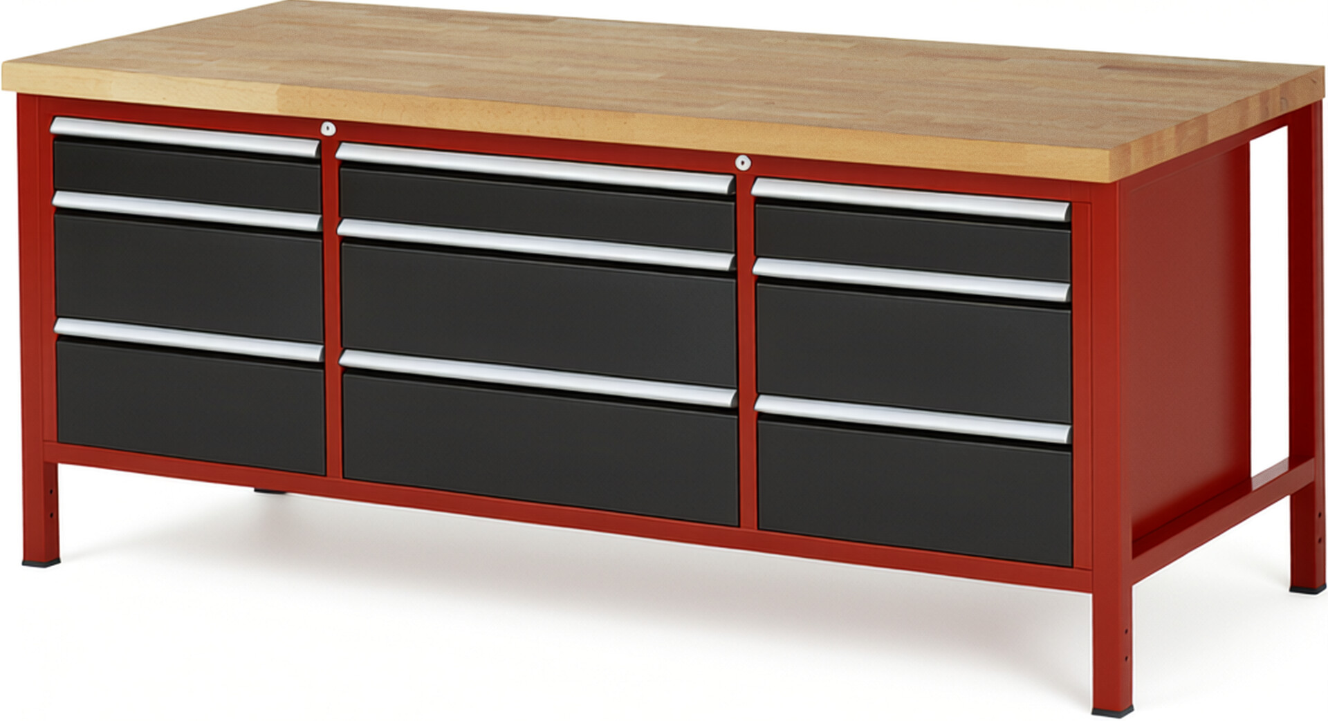 Werkbank Modell 8753 rot - schwarz, BxTxH 2000x900x840 mm,  Buche-Massiv Arbeitsplatte 40 mm,  9 Schubladen mit  Auszug 90 %