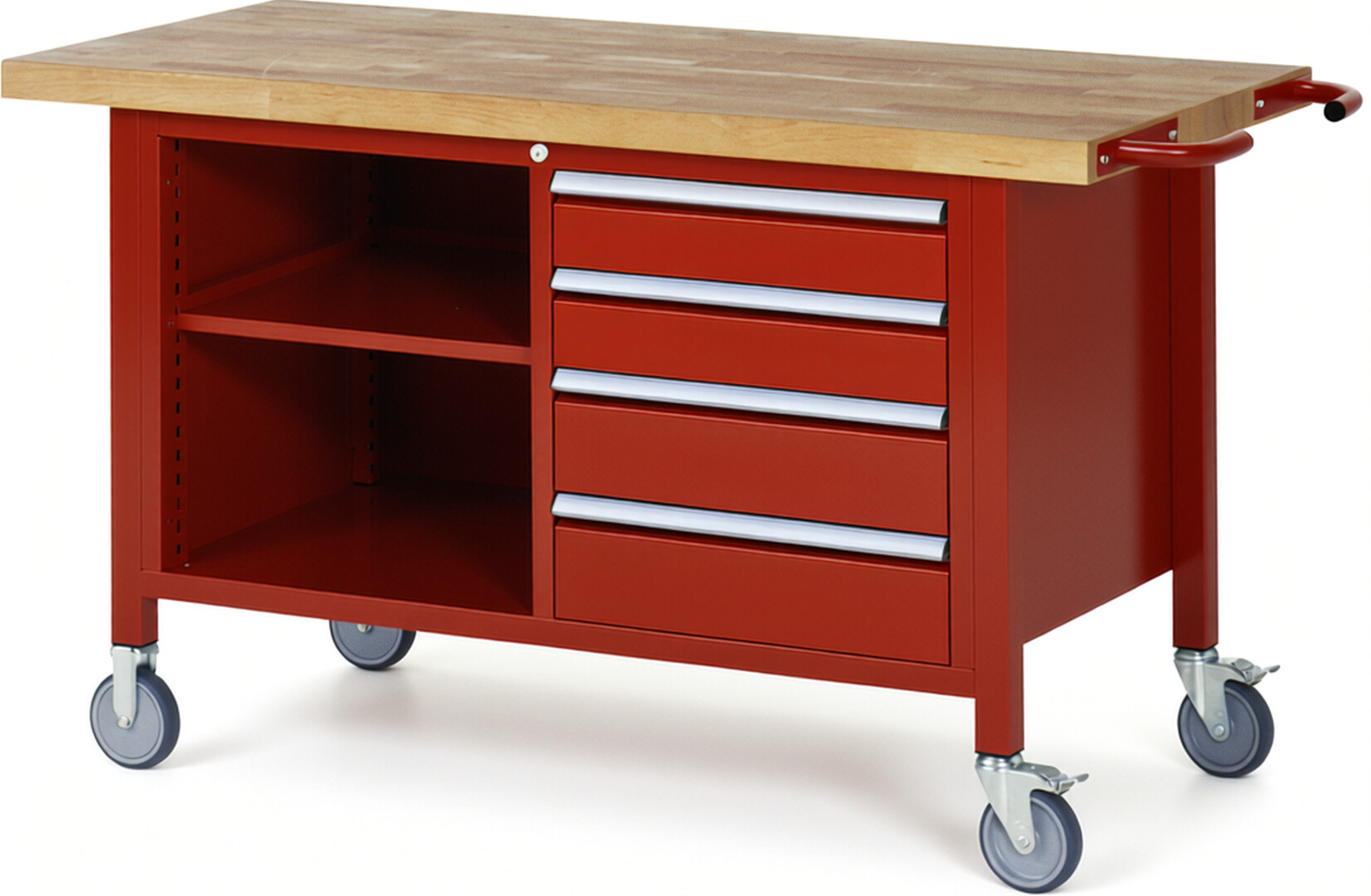 Fahrbare Werkbank Modell 8463 rot, BxTxH 1500x700x880 mm,  Buche-Massiv Arbeitsplatte 40 mm,  4 Schubladen mit  Vollauszug 100 % und  SoftClosing