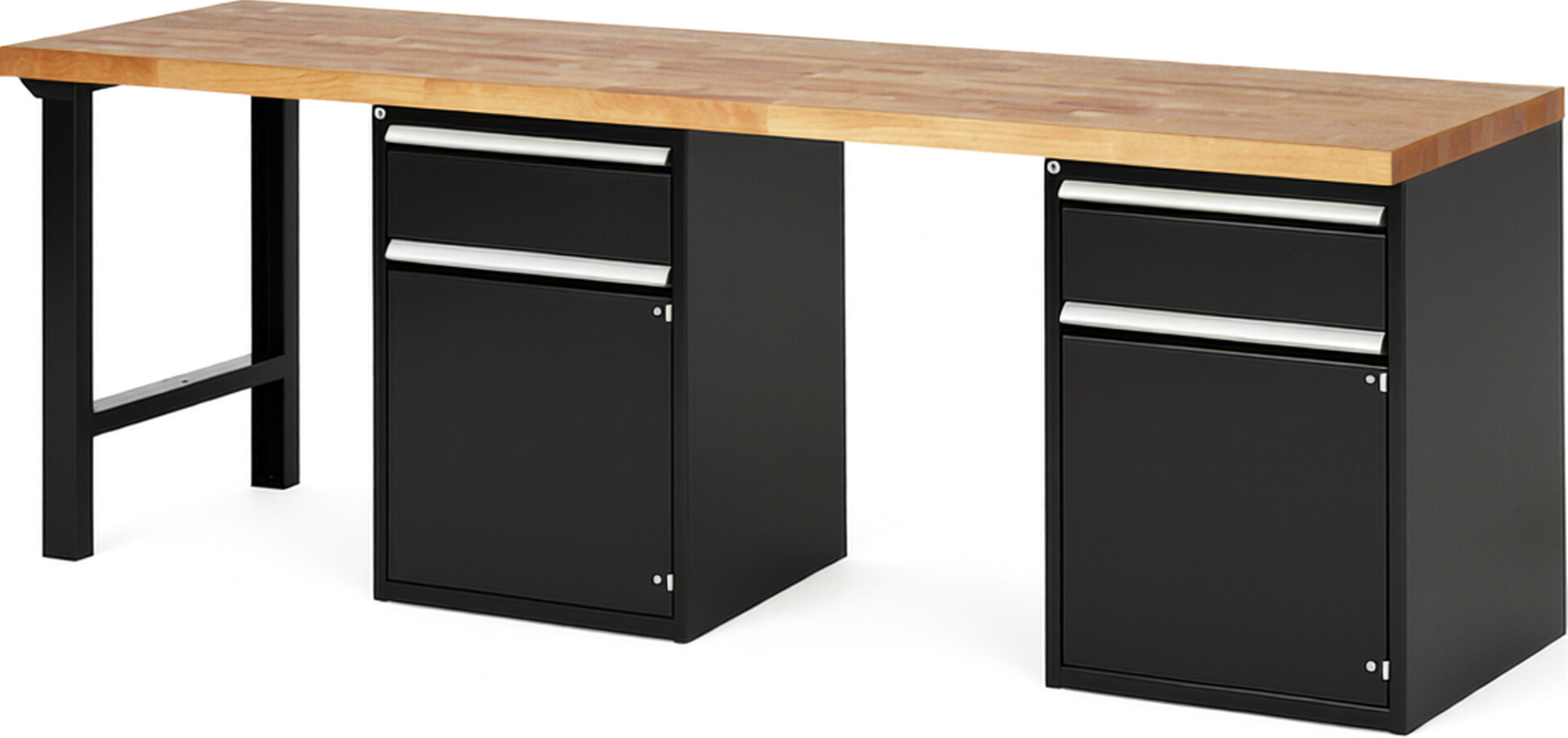 Werkbank Modell 7502 schwarz, BxTxH 2500x700x840 mm,  Buche-Massiv Arbeitsplatte 40 mm,  2 Schubladen mit  Auszug 90 %