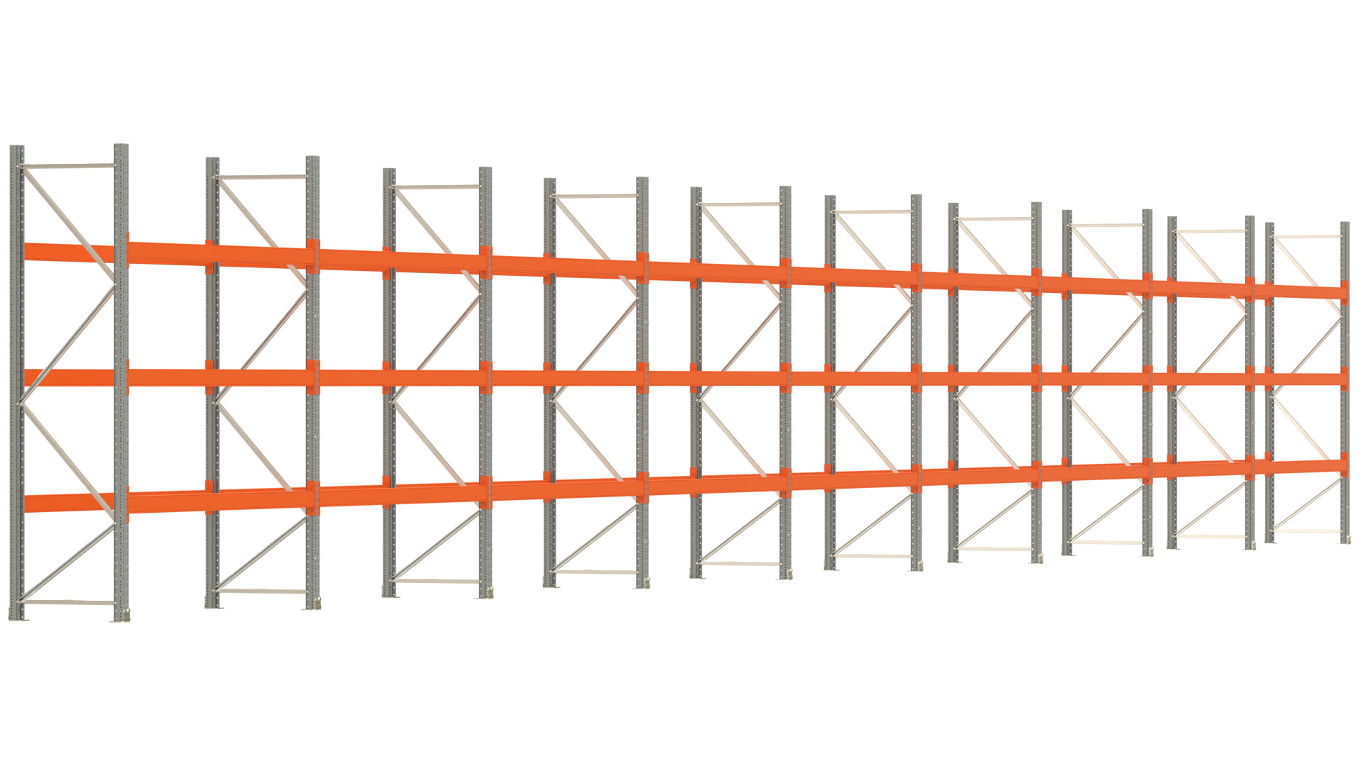 Palettenregal ARTUS - Breite 2515 cm - Höhe 300 cm - Tiefe 80 cm - 3 Träger-Ebenen - max. Fachlast 2100 kg - 72 Palettenstellplätze