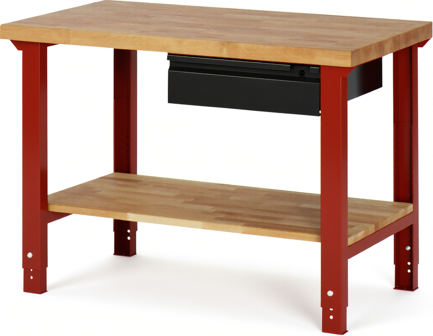 Werkbank - Modell 7001 BASIC rot - schwarz, BxTxH 1250x700x790-1140 mm,  Buche-Massiv Arbeitsplatte 40 mm,  1 Schublade mit  Auszug 90 %