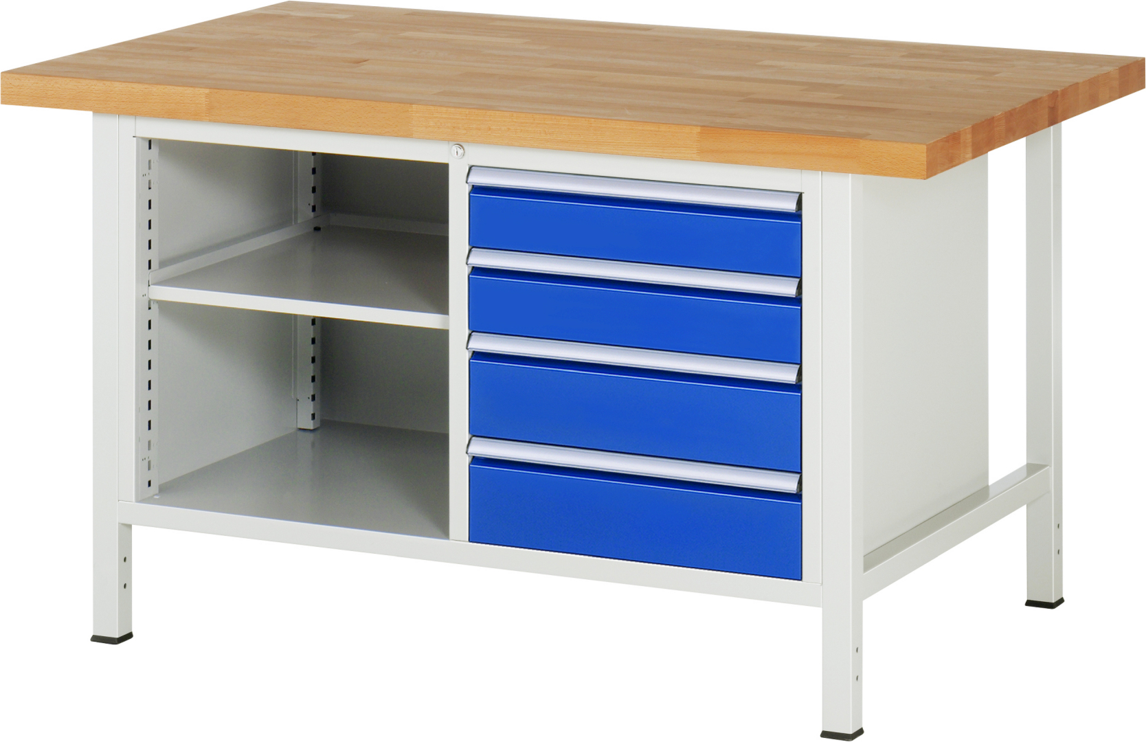 Werkbank Modell 8464,  BxTxH 1500x900x840 mm,  Buche-Massiv Arbeitsplatte 40 mm,  5 Schubladen mit  Auszug 90 %