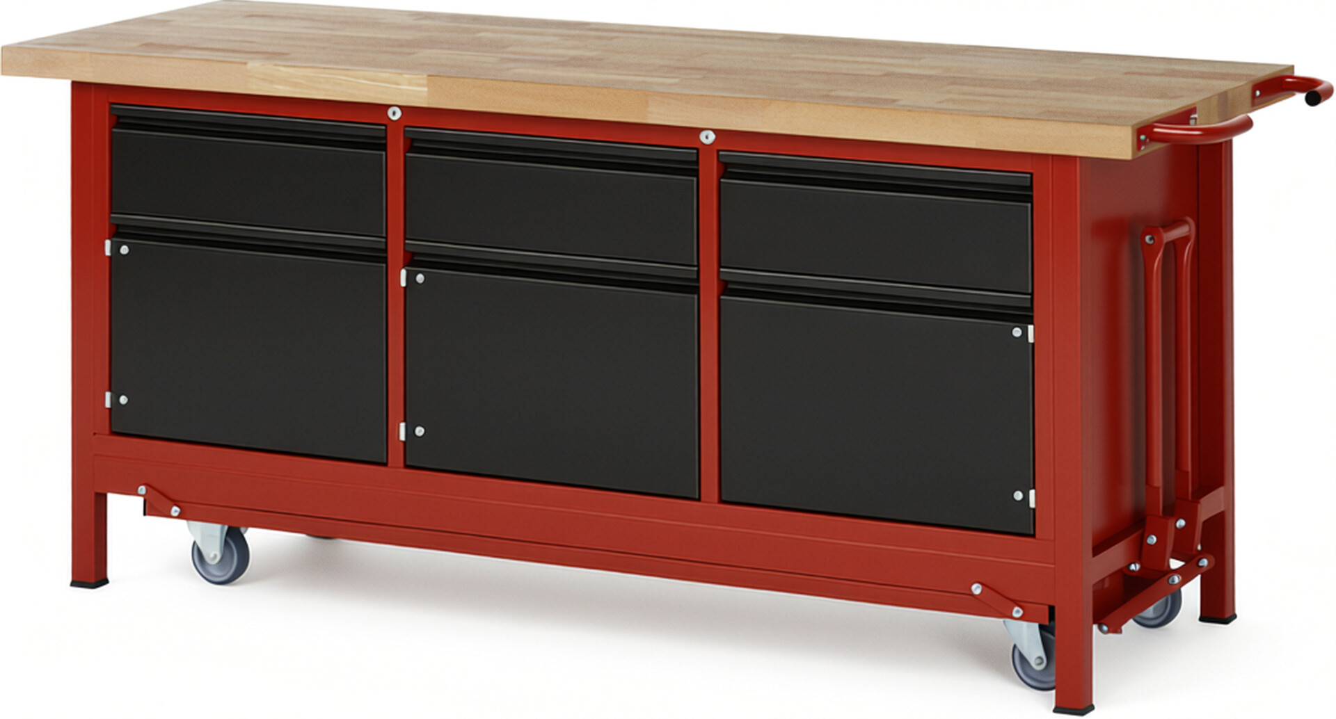 Absenkbare Werkbank - Modell 8567 BASIC rot - schwarz, BxTxH 2000x700x880 mm,  Buche-Massiv Arbeitsplatte 40 mm,  3 Schubladen mit  Auszug 90 %