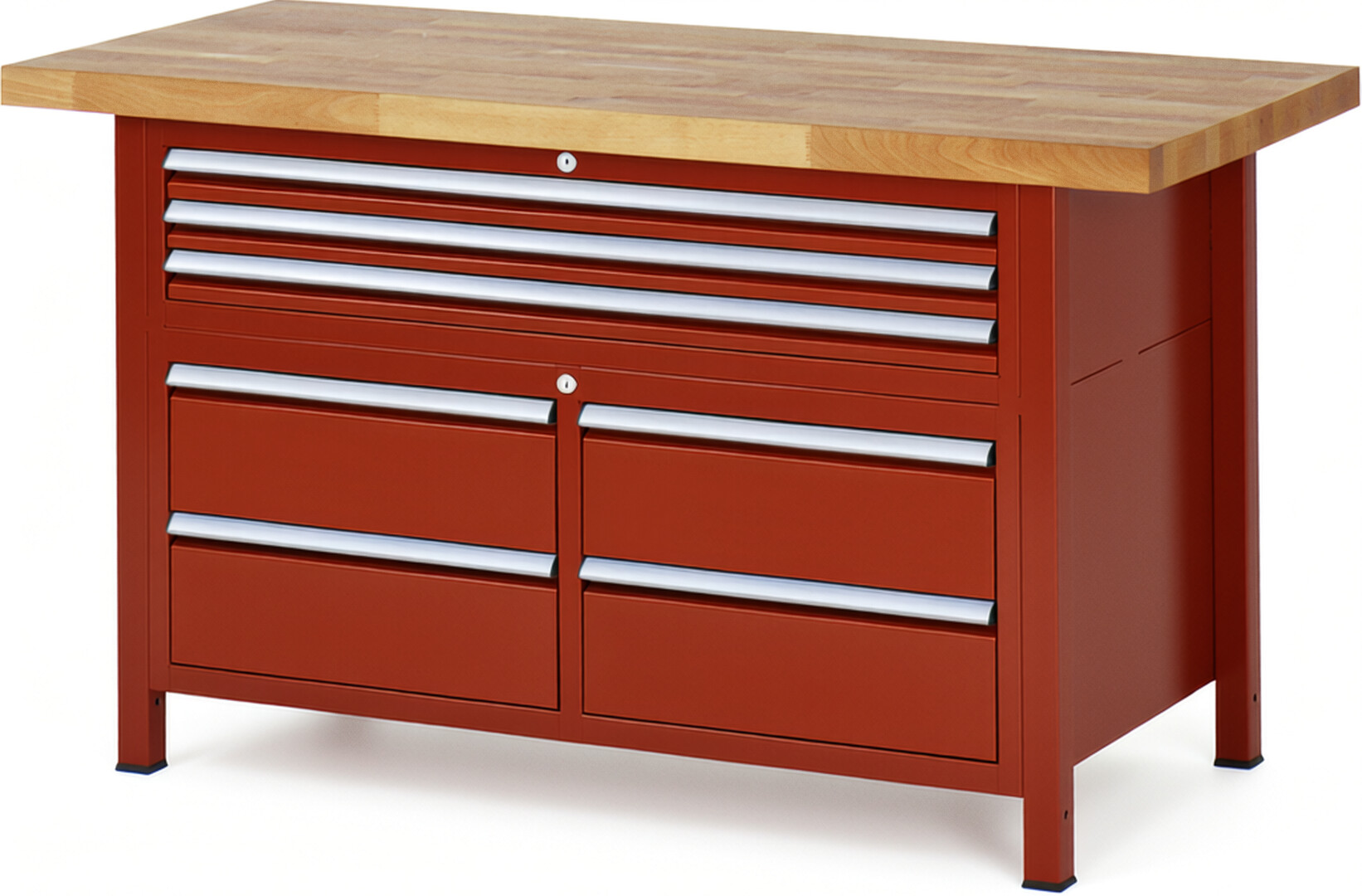 Werkbank Modell 8924 rot, BxTxH 1500x700x840-1040 mm,  Buche-Massiv Arbeitsplatte 40 mm,  7 Schubladen mit  Auszug 90 %