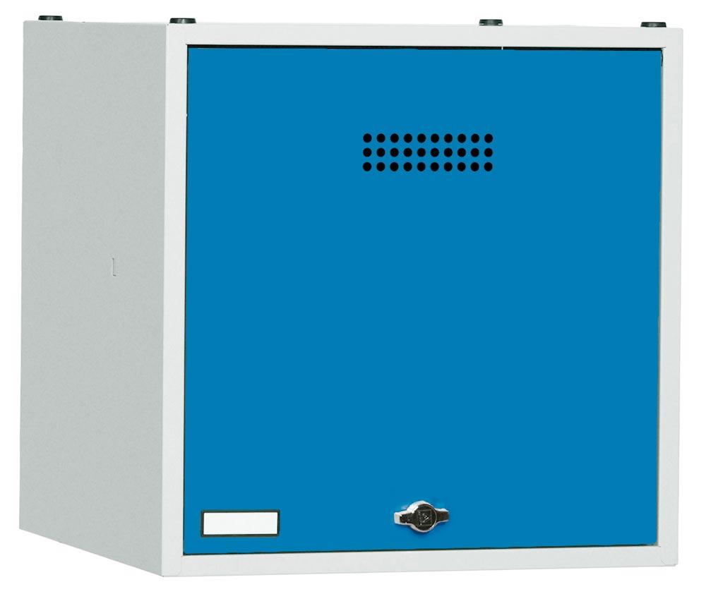 Schließfachwürfel, BxTxH 500x500x500 mm, Tür glatt, Lochrosetten und Etikettenrahmen, Fachboden, Drehriegel, RAL 7035/5010