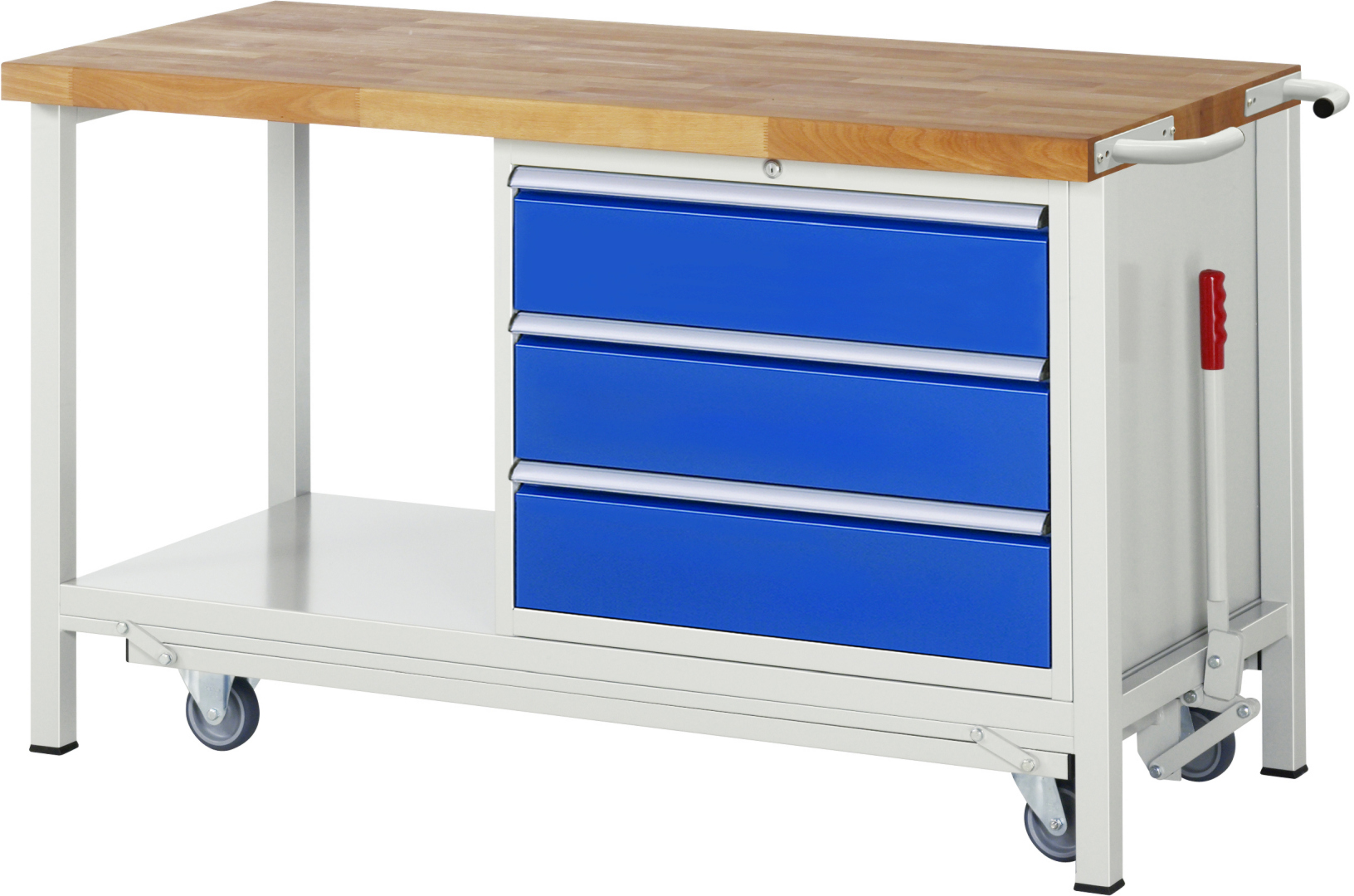 Absenkbare Werkbank Modell 8257 rot, BxTxH 1500x700x880 mm,  Buche-Massiv Arbeitsplatte 40 mm,  3 Schubladen mit  Vollauszug 100 % und  SoftClosing