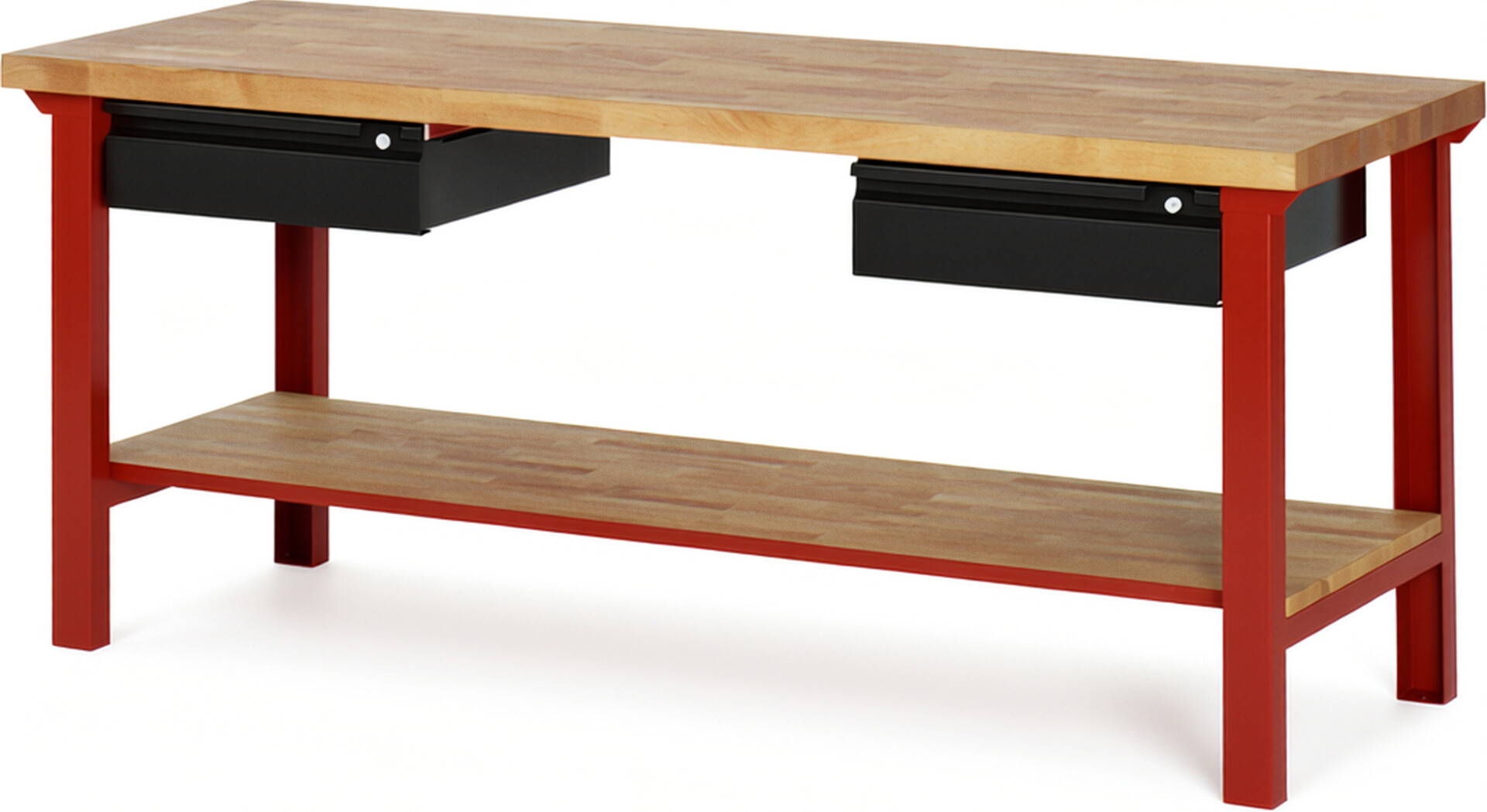 Werkbank - Modell 7002 BASIC rot - schwarz, BxTxH 2000x700x840 mm,  Buche-Massiv Arbeitsplatte 40 mm,  2 Schubladen mit  Auszug 90 %