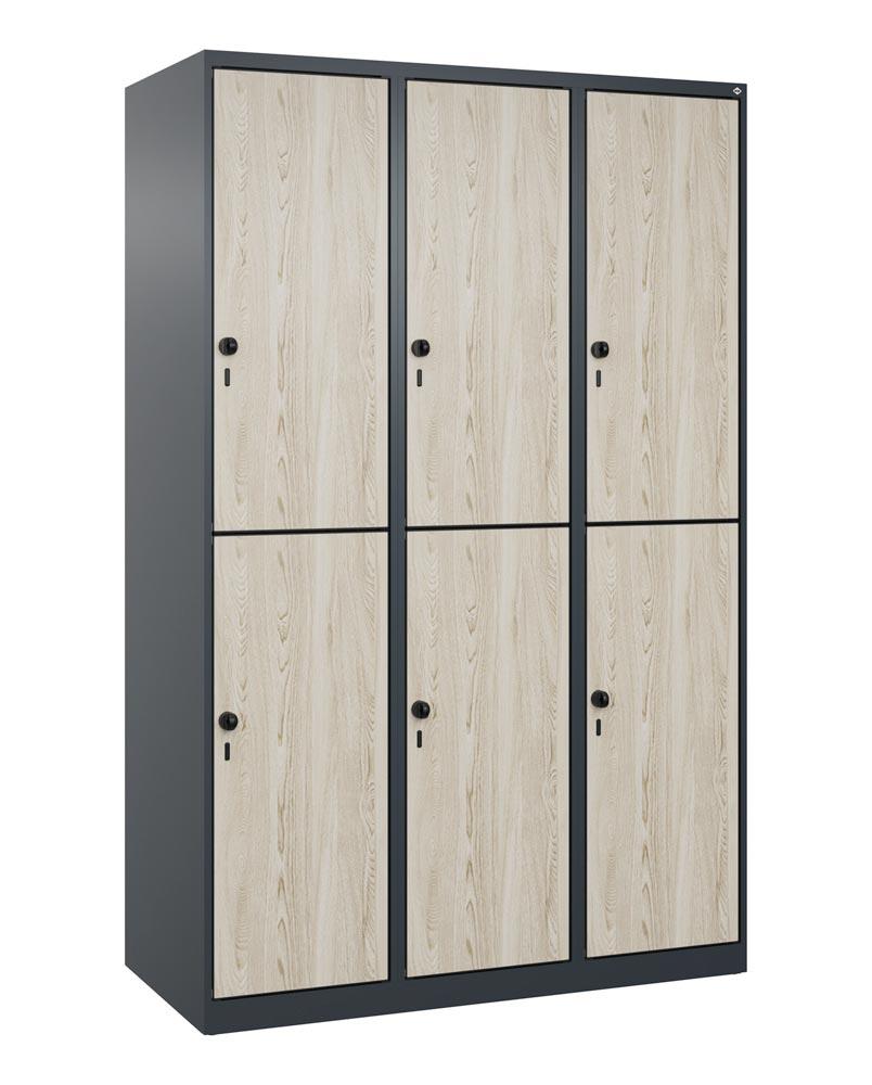 Fächerschrank, doppelstöckig, bodenstehend, 3x2 Fächer, Abt.B 400 mm, BxTxH 1200x500x1850 mm, HPL-Dekorfront, RAL 7016/Dekor Sen Esche
