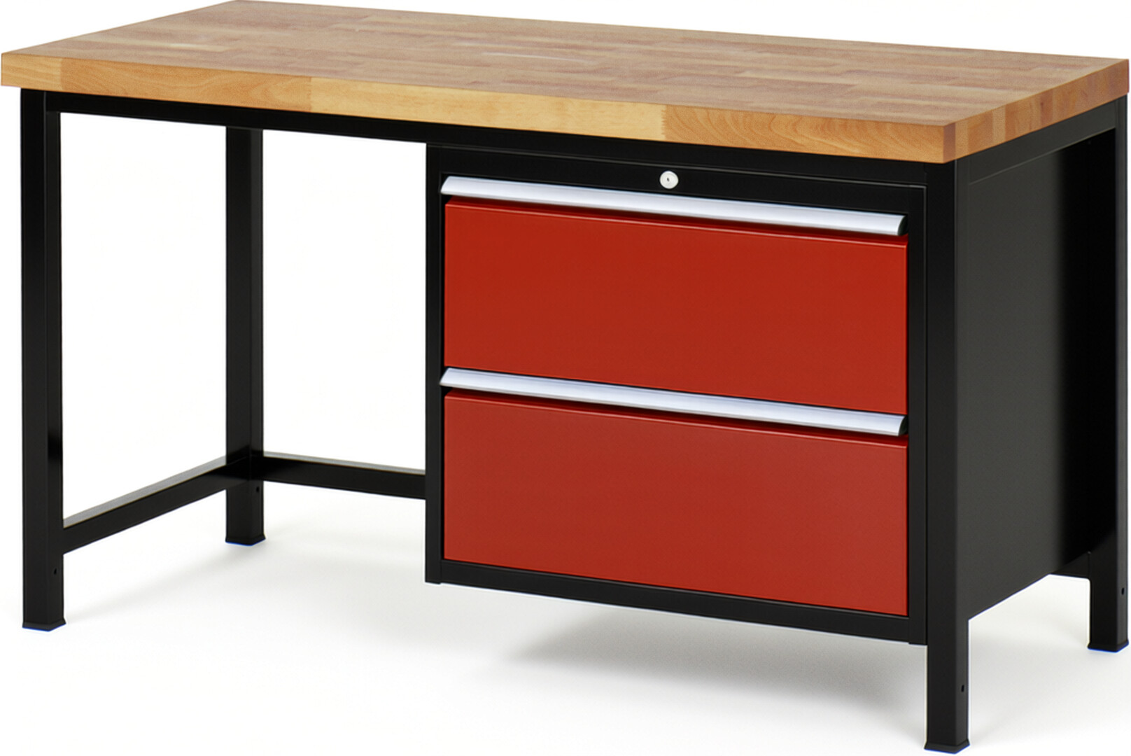 Werkbank Modell 8255 schwarz-rot, BxTxH 1500x700x840-1040 mm,  Buche-Massiv Arbeitsplatte 40 mm,  2 Schubladen mit  Auszug 90 %