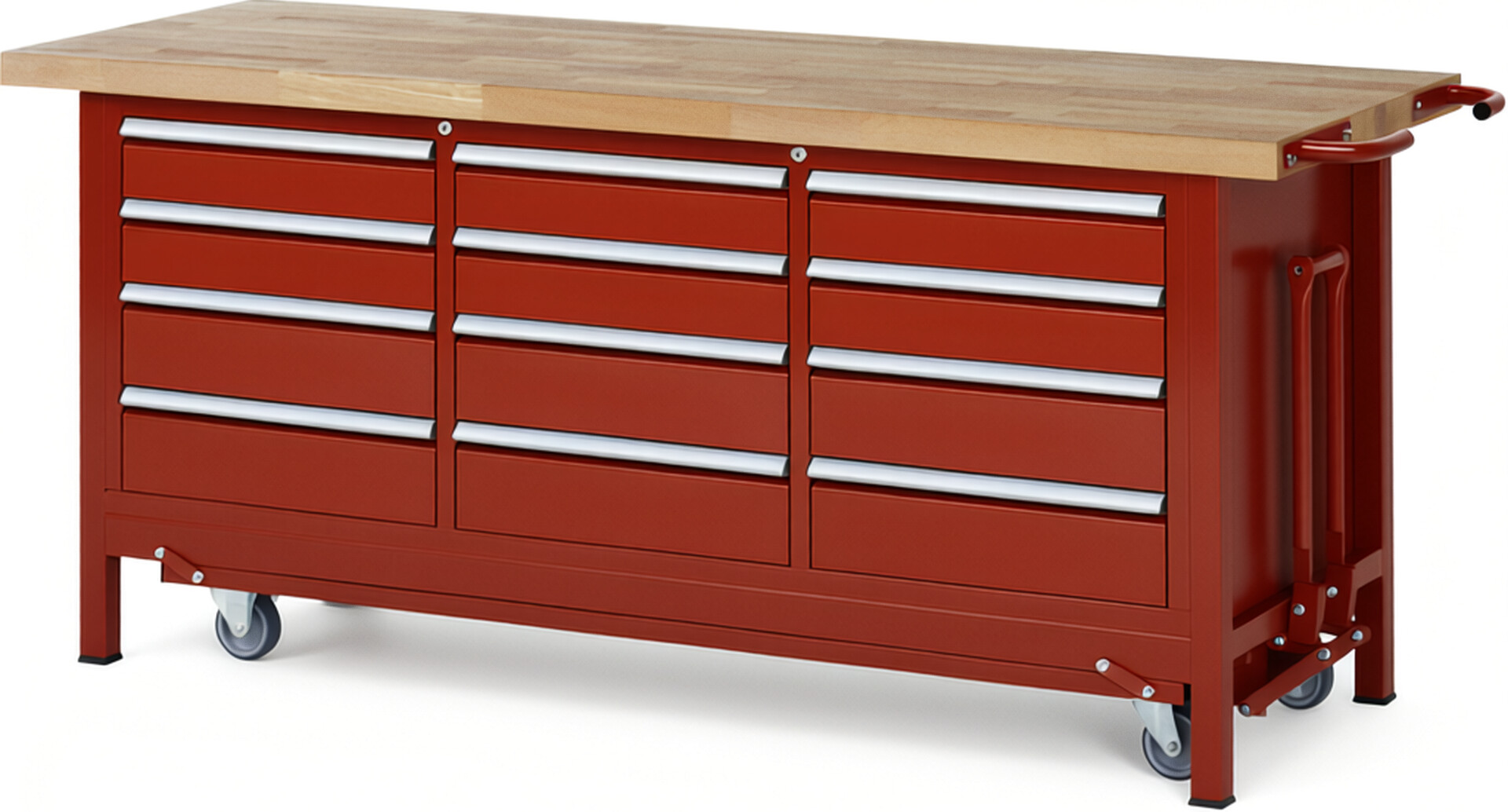 Absenkbare Werkbank Modell 8579 rot, BxTxH 2000x700x880 mm,  Buche-Massiv Arbeitsplatte 40 mm,  12 Schubladen mit  Auszug 90 %