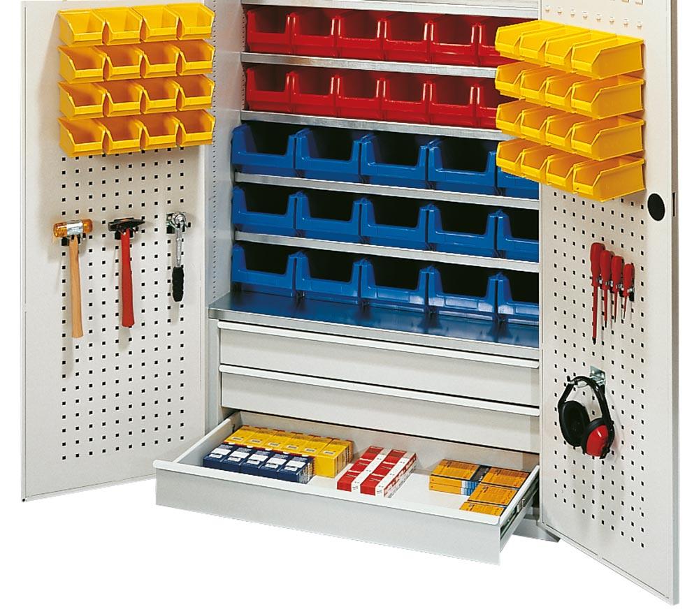 Großraumschrank, BxTxH 1100x530x1950 mm, 3 Schubladen, Kästen: 40xGr. 6 rot, -  70xGr. 5 gelb, -  21xGr. 4 rot, - 15xGr. 3z blau, - RAL 6011 resedagrün