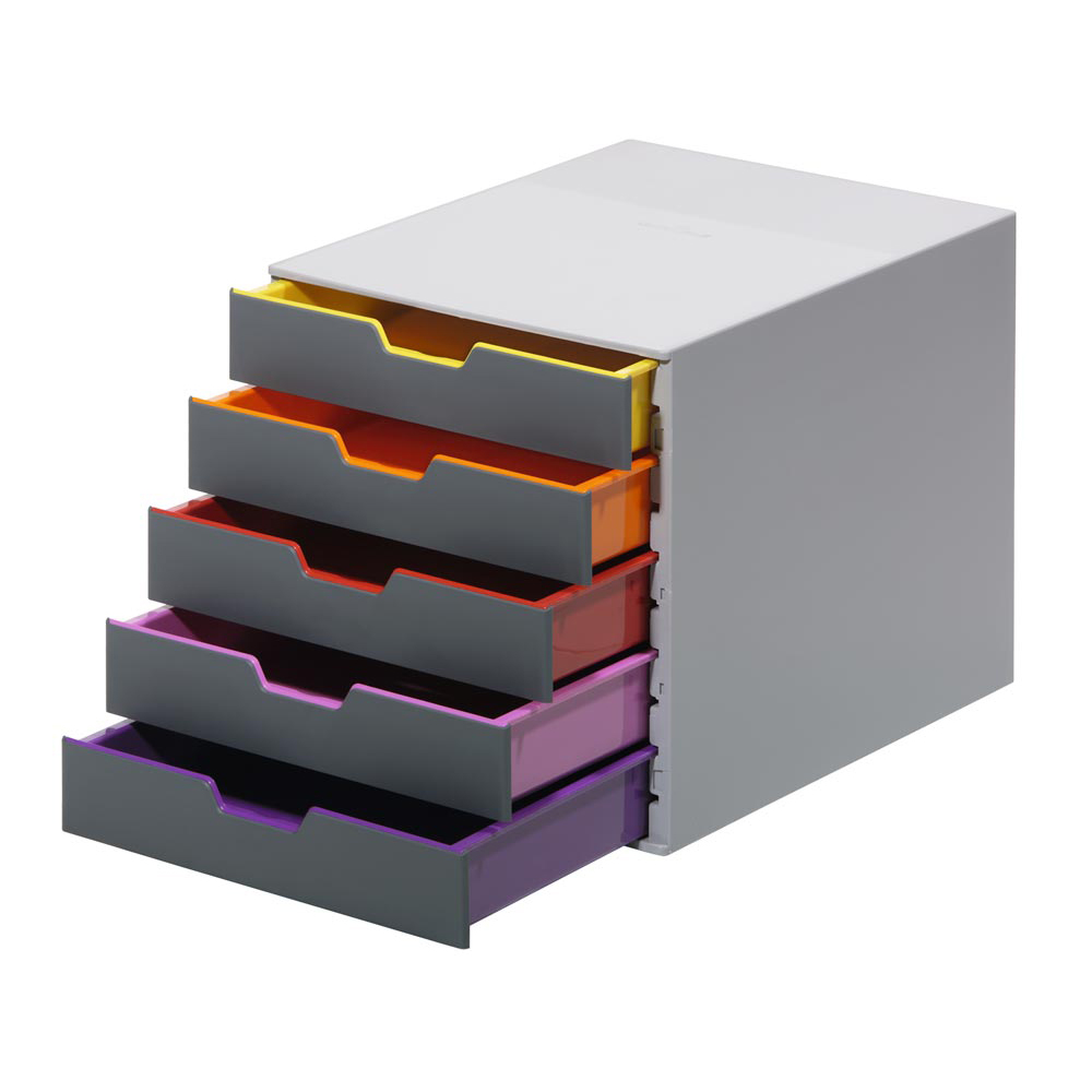 Schubladenbox, BxTxH 280x356x292 mm, 5 farbige Schubladen, aus ABS, inkl. Beschriftungsfenster