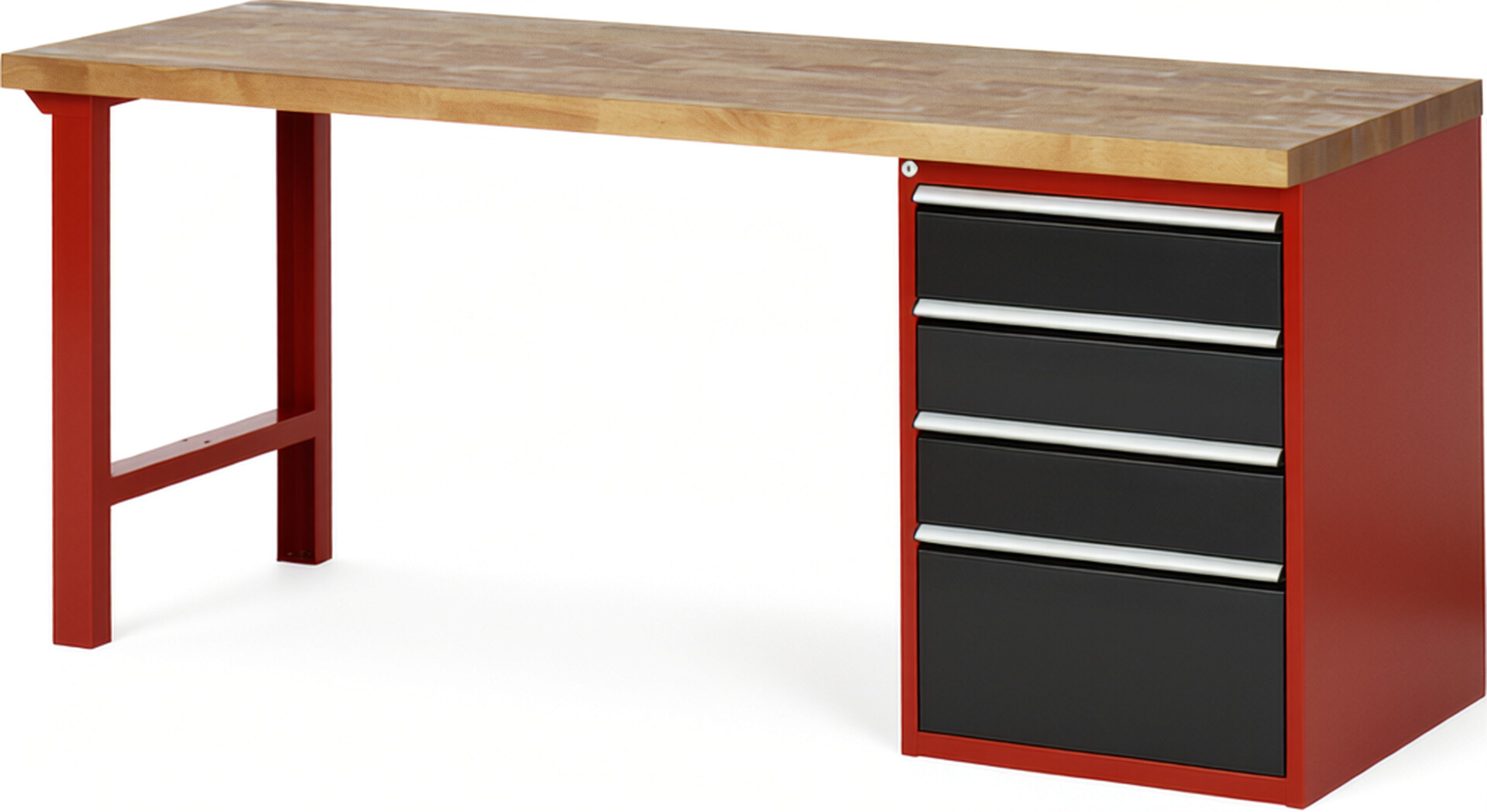 Werkbank Modell 7510 rot - schwarz, BxTxH 2000x700x890 mm,  Buche-Massiv Arbeitsplatte 40 mm,  4 Schubladen mit  Vollauszug 100 % und  SoftClosing