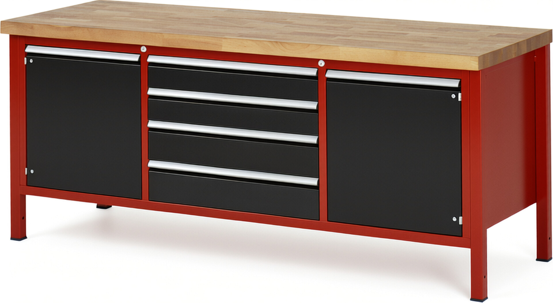 Werkbank Modell 8752 rot - schwarz, BxTxH 2000x700x840 mm,  Buche-Massiv Arbeitsplatte 40 mm,  4 Schubladen mit  Vollauszug 100 % und  SoftClosing