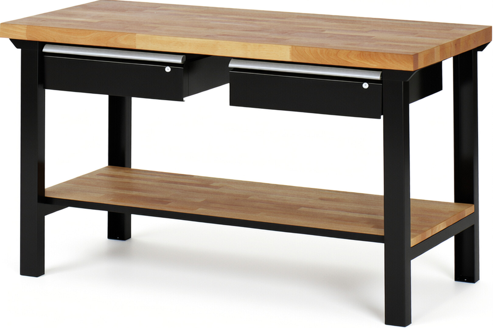 RAU Werkbank schwarz - Breite 150 cm - Tiefe 70 cm - Höhe 84 cm - Buche-Massiv Arbeitsplatte 40 mm