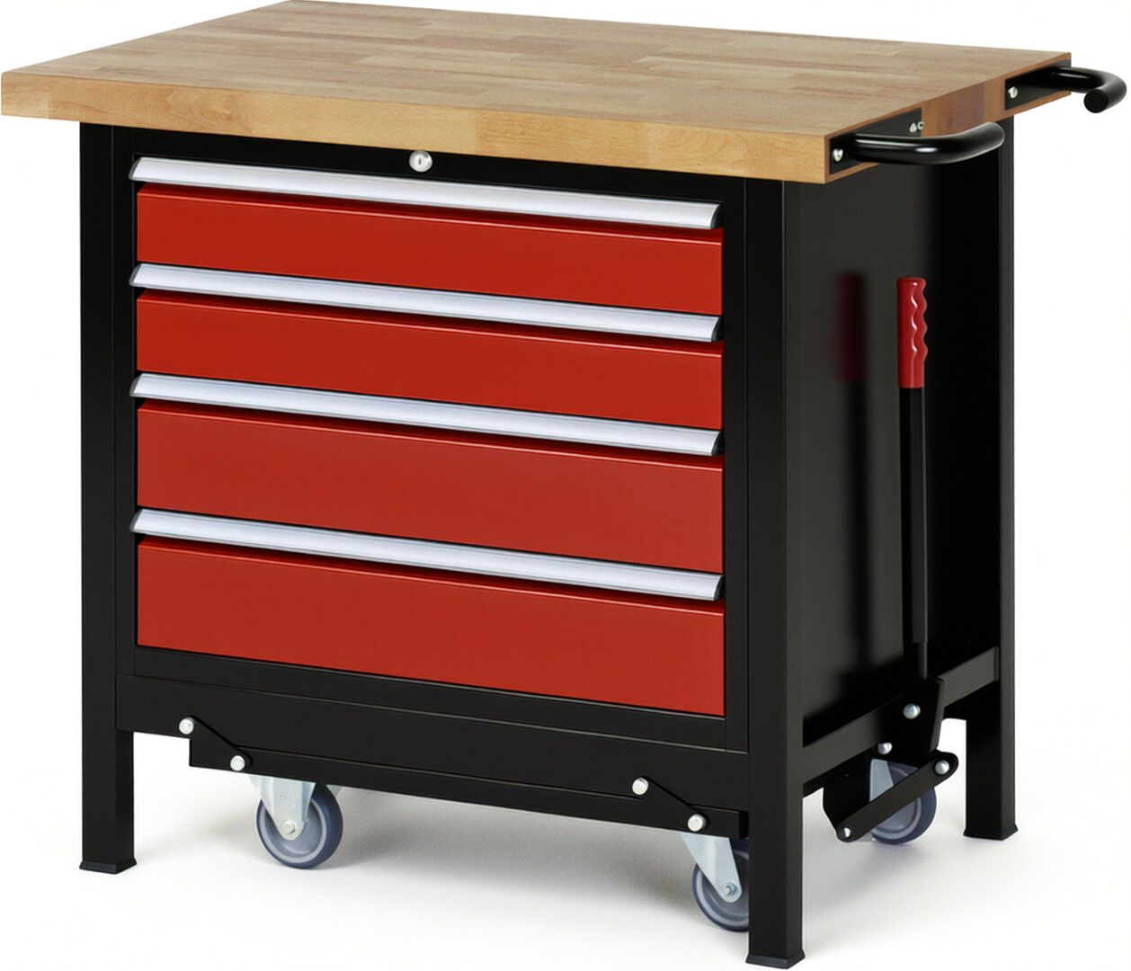 RAU Werkbank schwarz - rot - Breite 100 cm - Tiefe 70 cm - Höhe 88 cm - Buche-Massiv Arbeitsplatte 40 mm