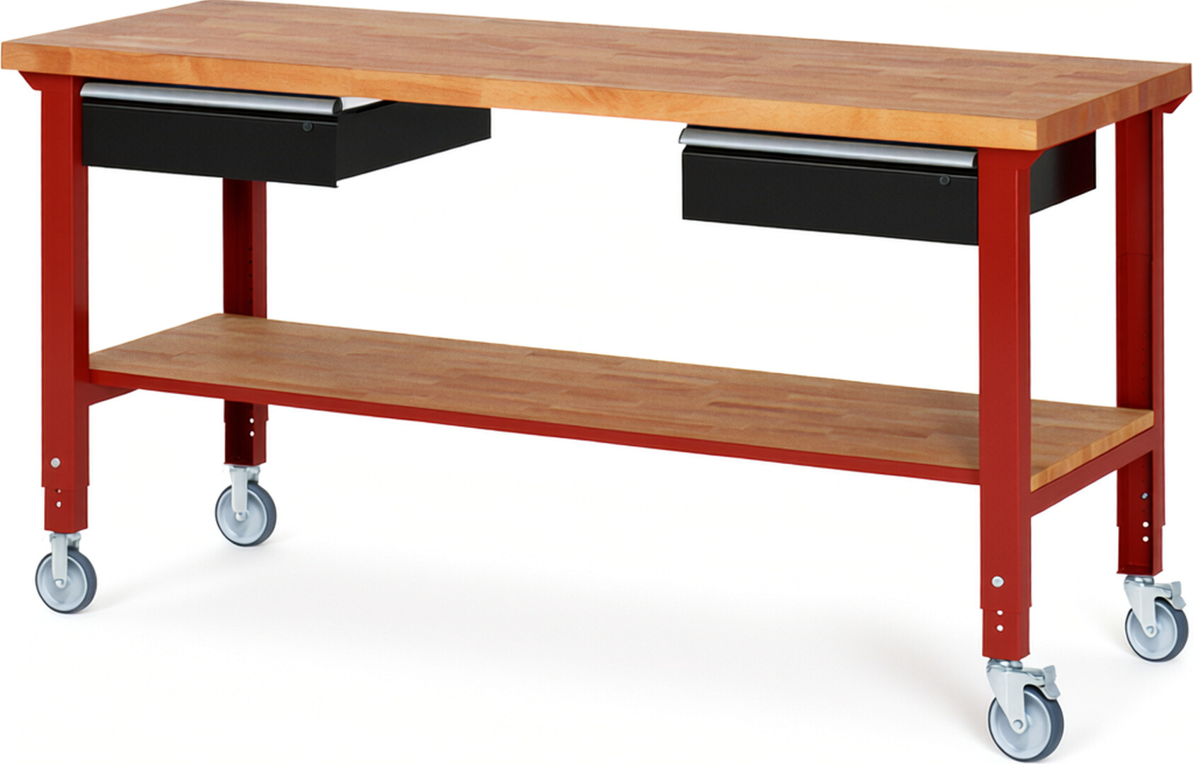 Fahrbare Werkbank Modell 7002 rot - schwarz, BxTxH 2000x700x950-1000 mm,  Buche-Massiv Arbeitsplatte 40 mm,  2 Schubladen mit  Auszug 90 %