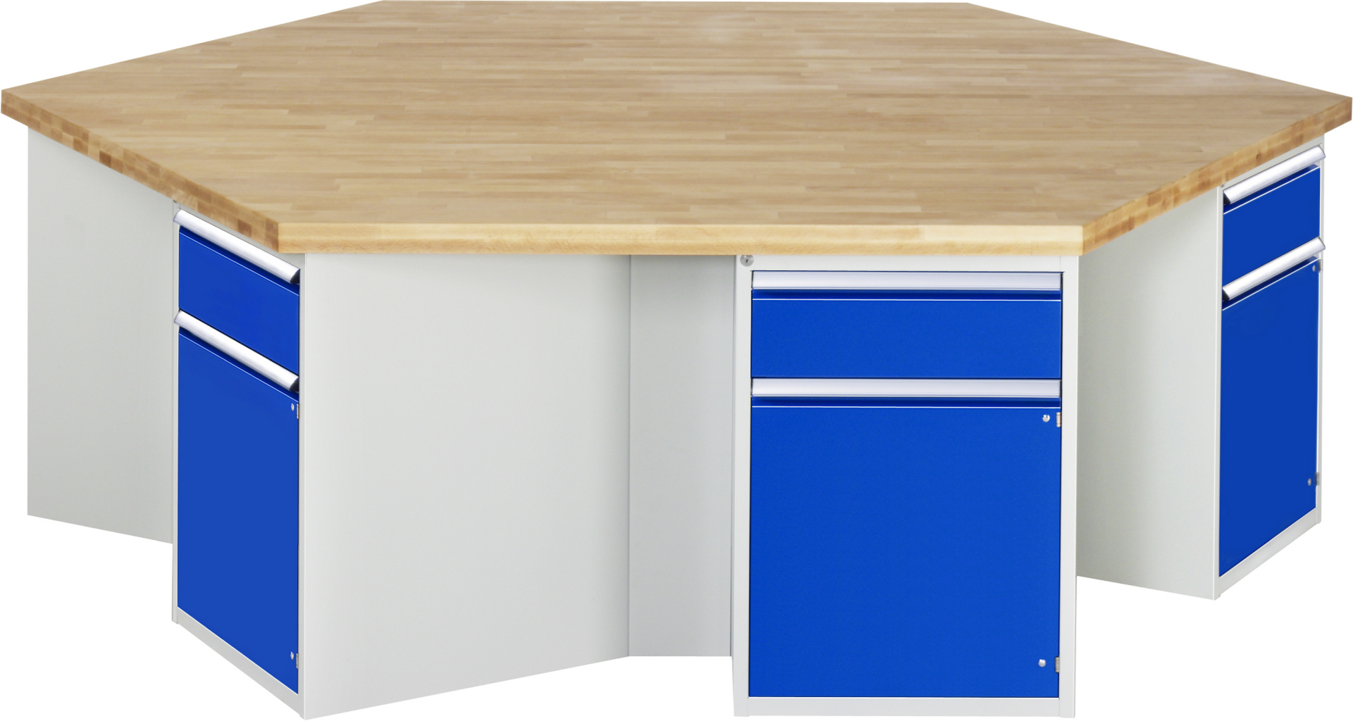 Gruppenwerkbank Modell 467,  BxTxH 2700x2340x900 mm,  Buche-Massiv Arbeitsplatte 50 mm,  6 Schubladen mit  Auszug 90 %