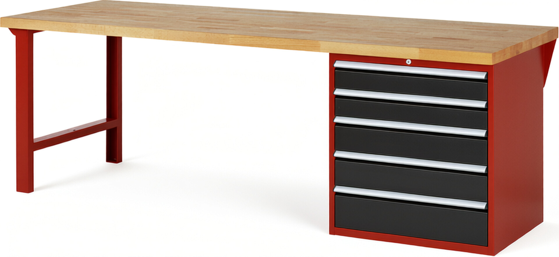 Werkbank Modell 7613 rot - schwarz, BxTxH 2500x900x890 mm,  Buche-Massiv Arbeitsplatte 40 mm,  5 Schubladen mit  Auszug 90 %