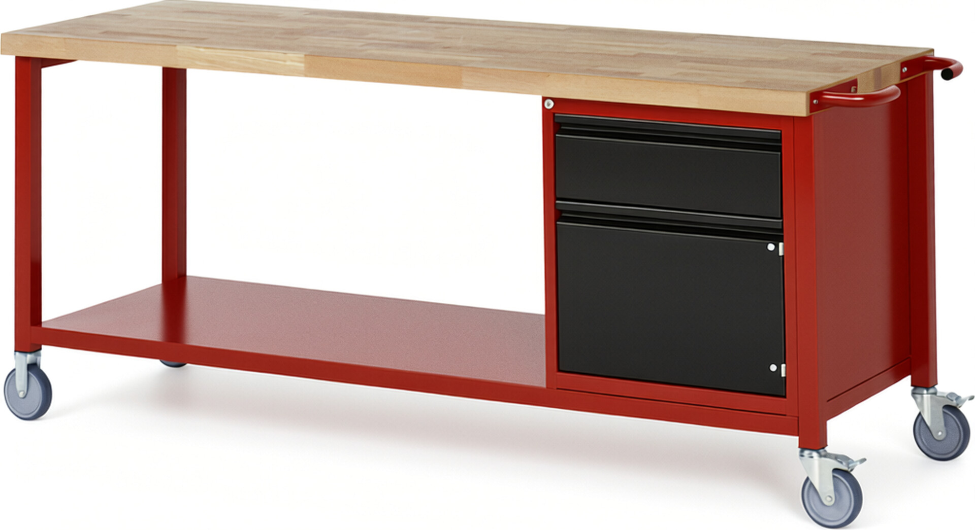 Fahrbare Werkbank - Modell 8152 BASIC rot - schwarz, BxTxH 2000x700x880 mm,  Buche-Massiv Arbeitsplatte 40 mm,  1 Schublade mit  Auszug 90 %