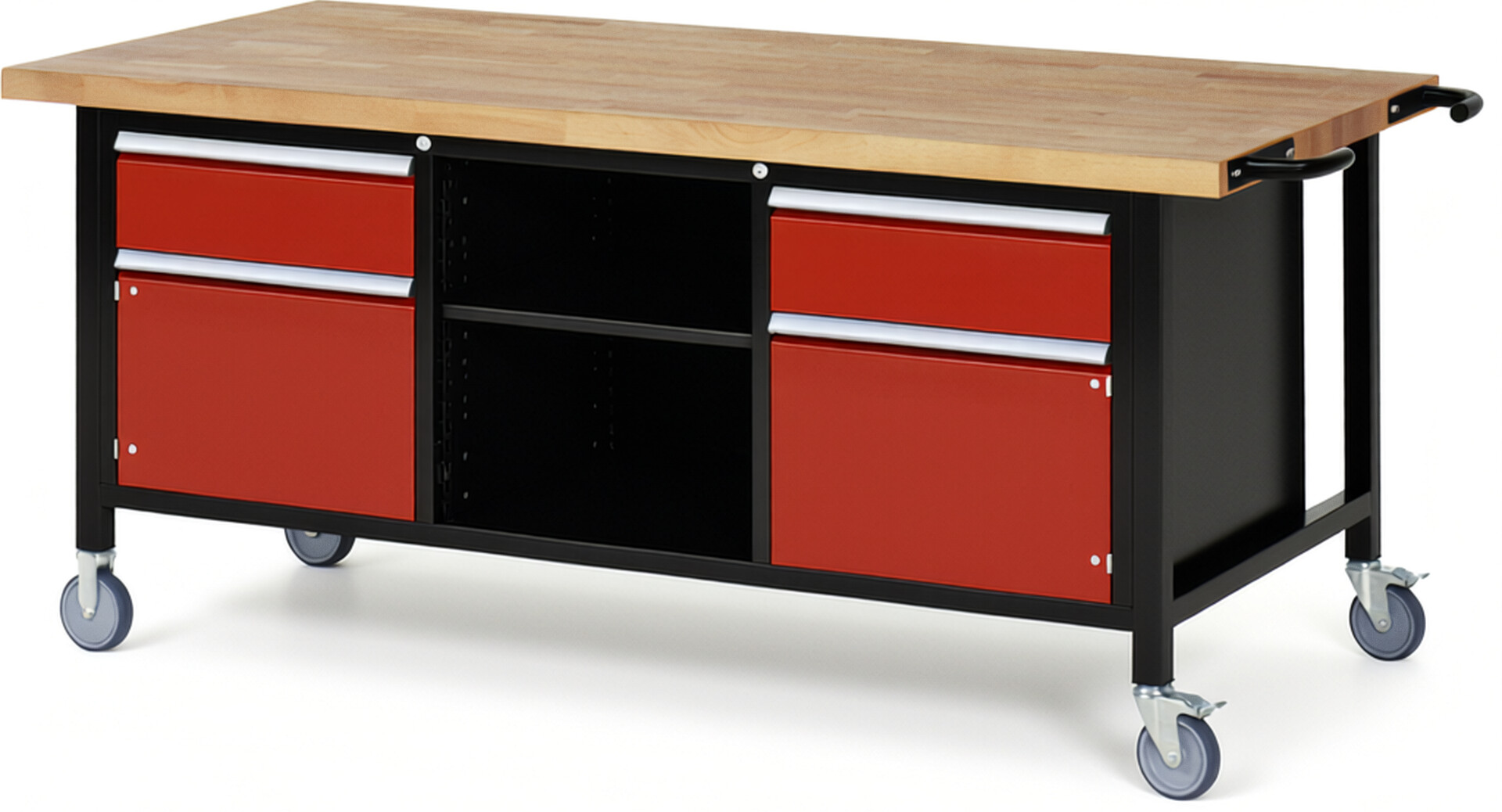 Fahrbare Werkbank Modell 8561 schwarz-rot, BxTxH 2000x900x880-1080 mm,  Buche-Massiv Arbeitsplatte 40 mm,  2 Schubladen mit  Vollauszug 100 % und  SoftClosing
