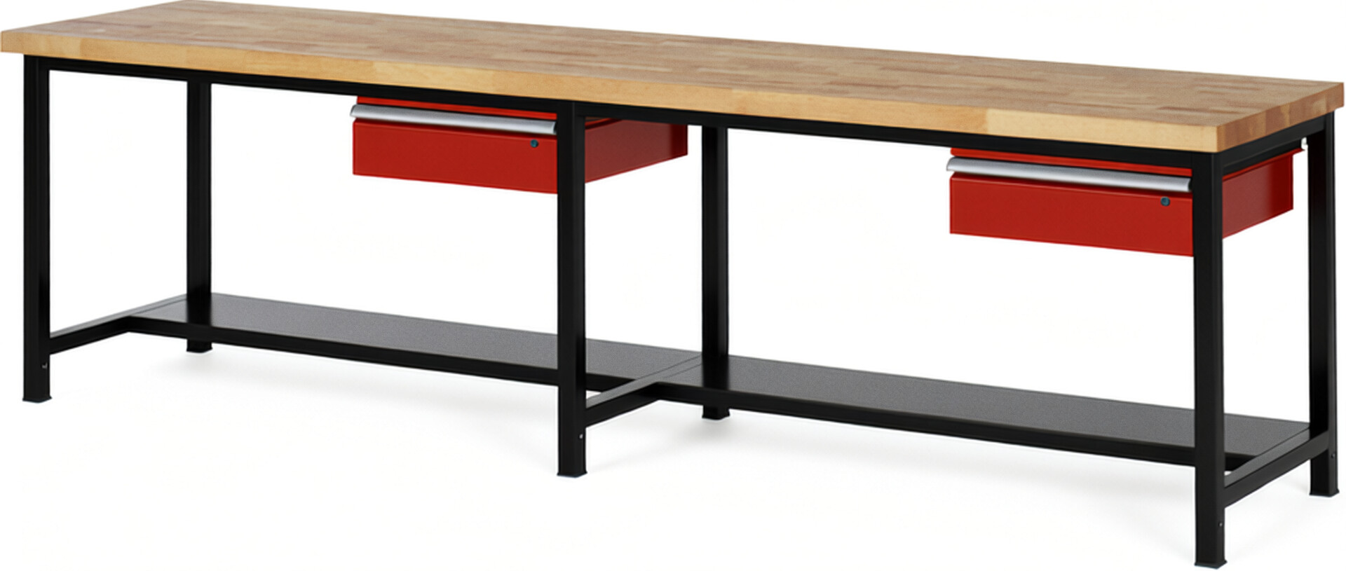 RAU Werkbank schwarz - rot - Breite 300 cm - Tiefe 90 cm - Höhe 104 cm - Buche-Massiv Arbeitsplatte 40 mm