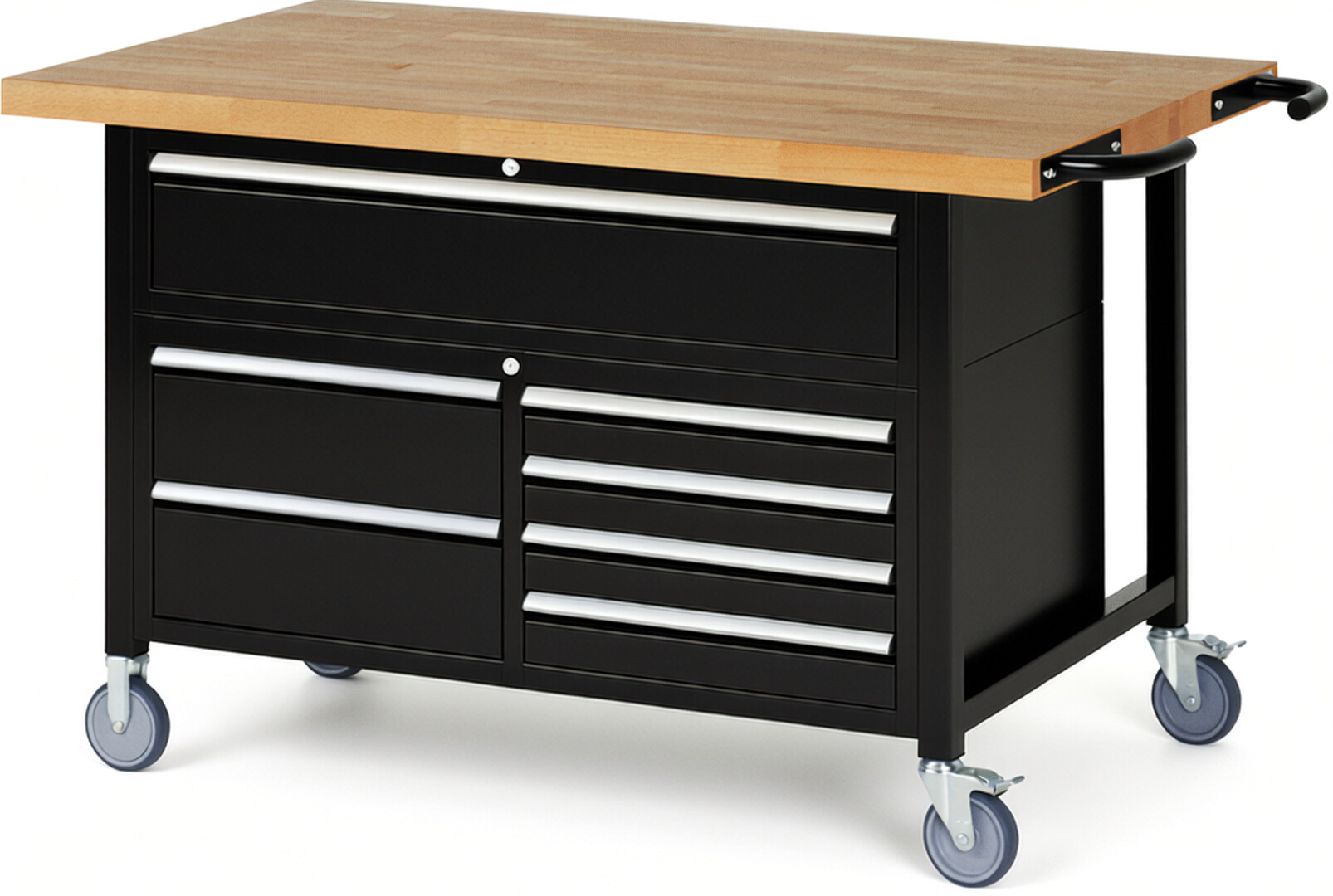 RAU Werkbank schwarz - Breite 150 cm - Tiefe 90 cm - Höhe 112 cm - Buche-Massiv Arbeitsplatte 40 mm