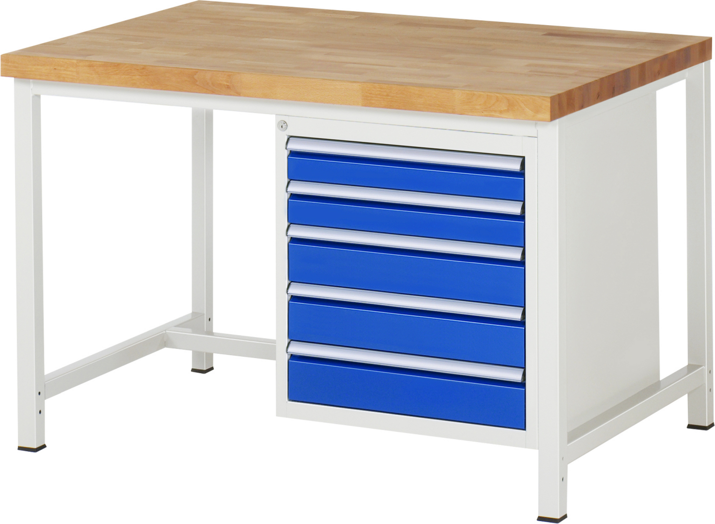 Werkbank Modell 8171 schwarz, BxTxH 1250x900x840-1040 mm,  Buche-Massiv Arbeitsplatte 40 mm,  5 Schubladen mit  Vollauszug 100 % und  SoftClosing