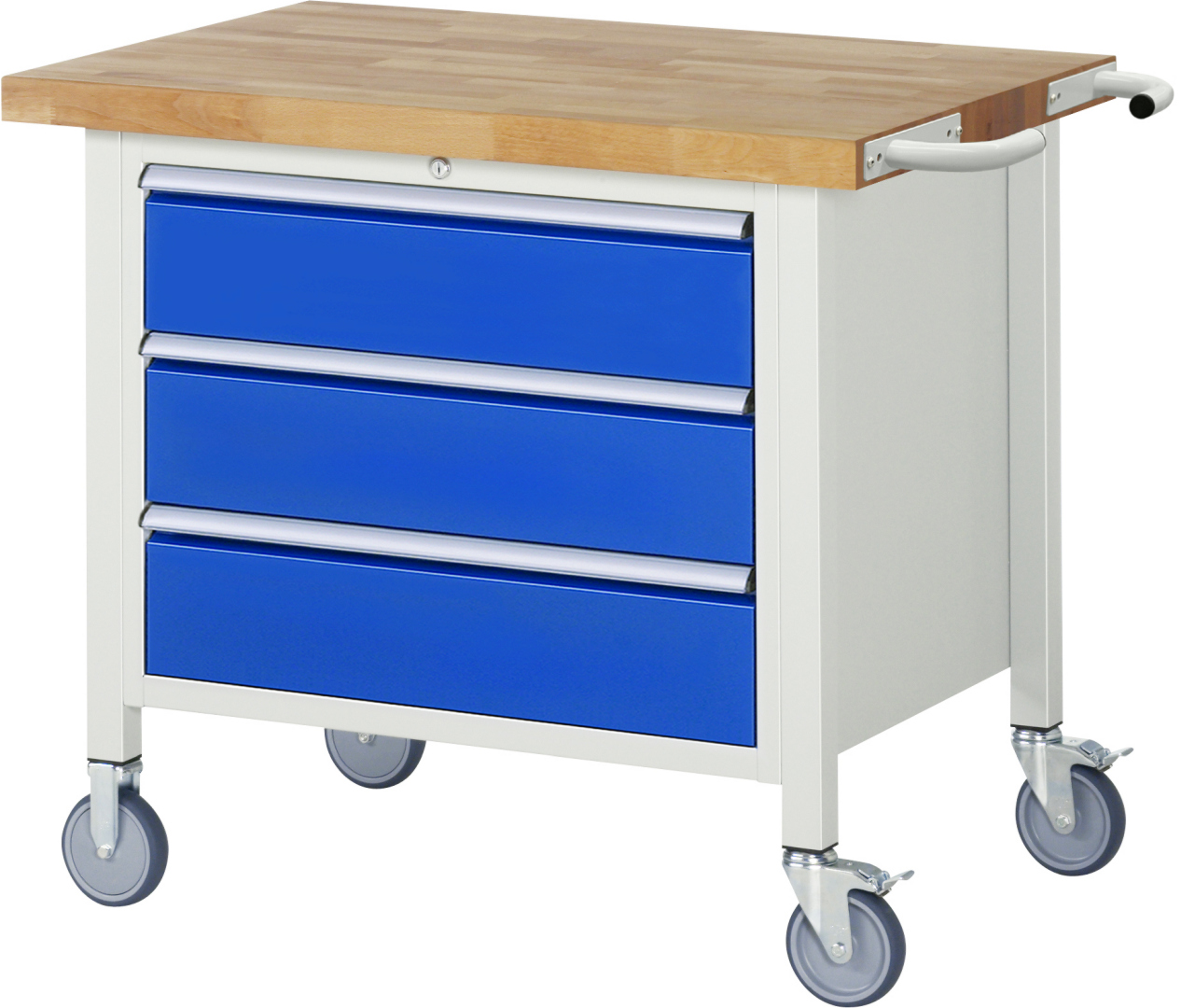 Fahrbare Werkbank Modell 8257 rot, BxTxH 1000x700x880-1080 mm,  Buche-Massiv Arbeitsplatte 40 mm,  3 Schubladen mit  Vollauszug 100 % und  SoftClosing